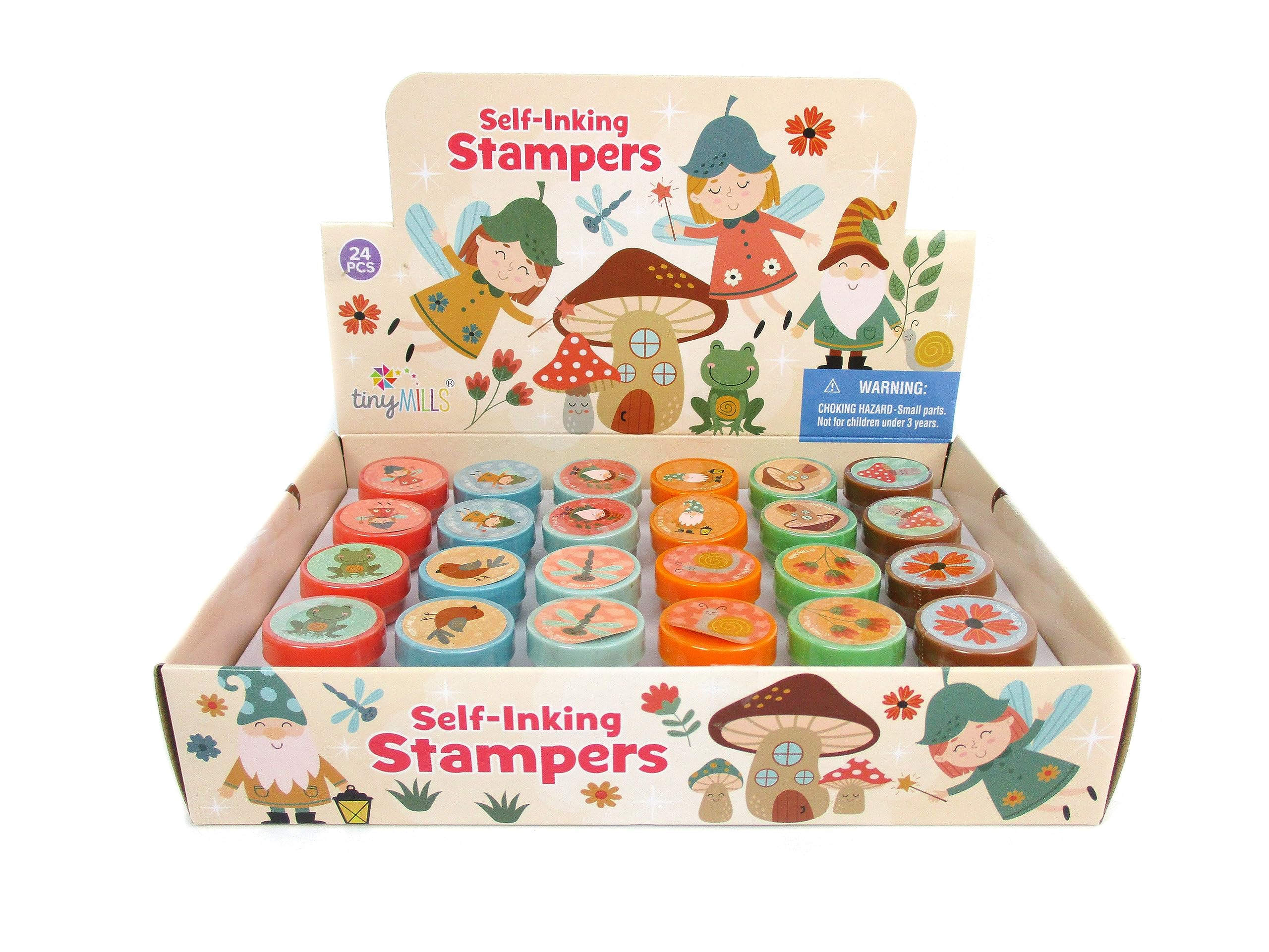 TINYMILLS 24-Piece Garden Fairy Tea Party Mushroom Stamp Set for Kids - 12 Assorted Self-Inking Designs | Perfect for Birthday Party Favors, Carnival Prizes & Goody Bag Fillers | Great for DIY Crafts, Scrapbooking & Kids' Creative Play