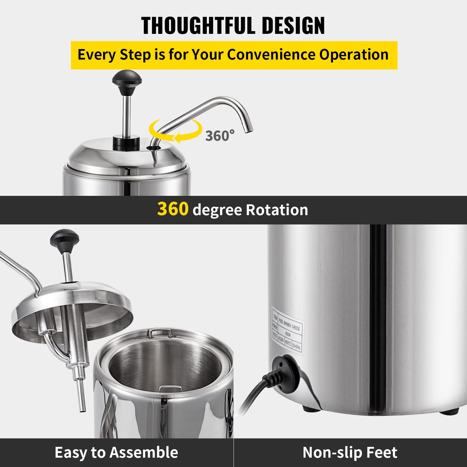 VEVOR 2.64 Qt Stainless Steel Cheese Dispenser with Pump - 650W Hot Fudge Warmer 110V, 30-110℃ Adjustable Temperature for Cheese, Caramel, Chocolate - Perfect for Restaurants, Cafes & Dessert Shops