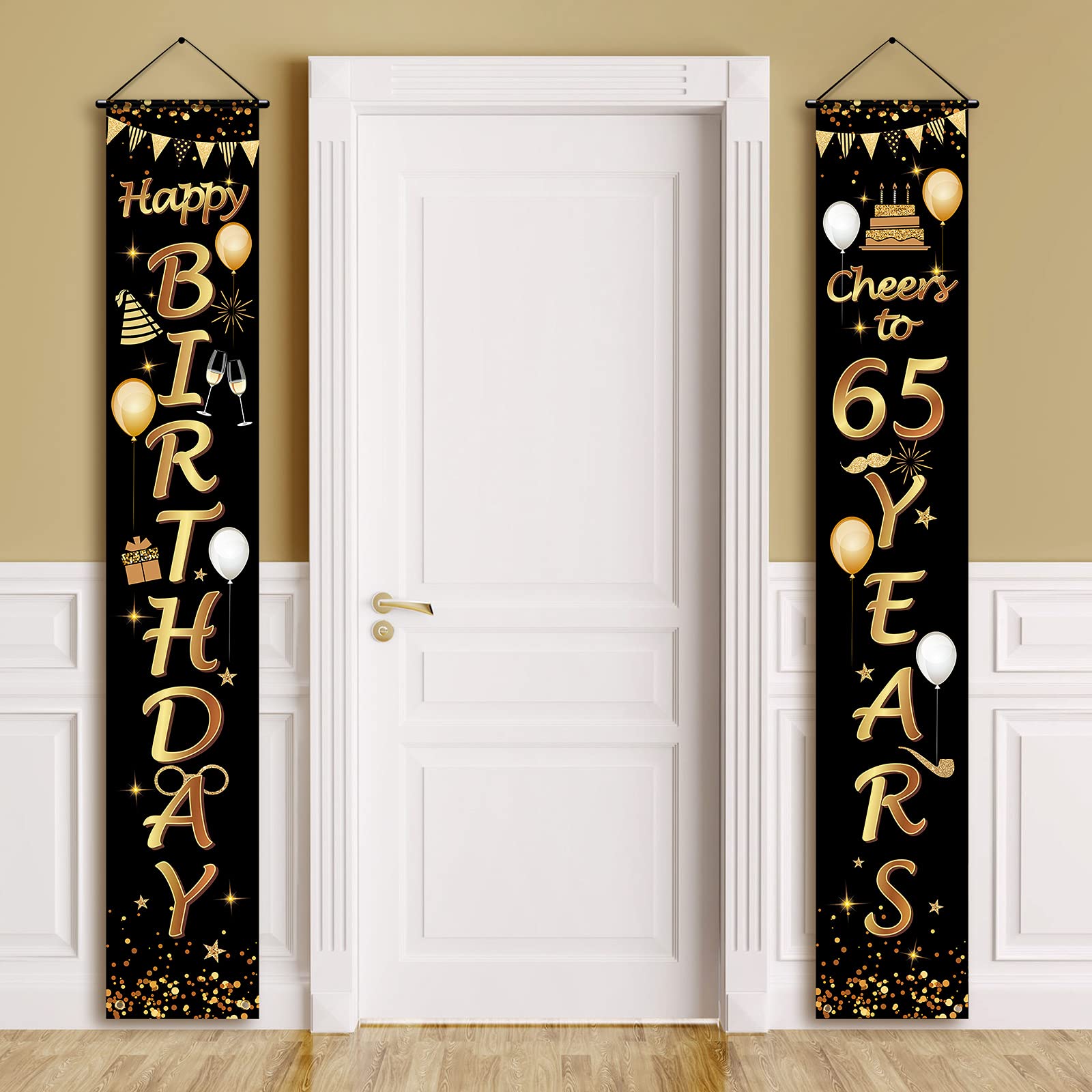 2-Pack Black & Gold 65th Birthday Party Decorations - Cheers to 65 Years Banner & Porch Sign (71
