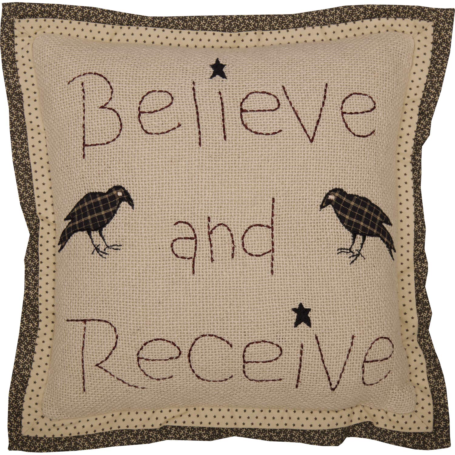 VHC Brands Kettle Grove Believe and Receive Pillow 12x12 Inch - Rustic Farmhouse Decorative Throw Pillow for Sofa, Bed, Living Room - Tan Country Primitive Home Decor Accessory