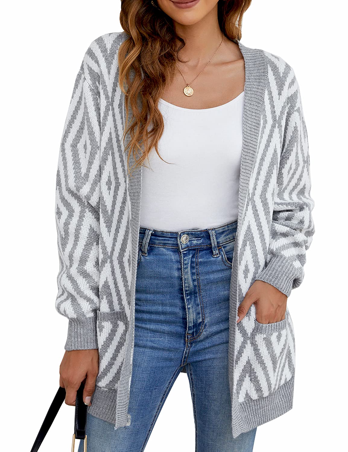 Women's Chunky Knit Open Front Cardigan with Pockets - Argyle Plaid Print Long Sleeve Sweater Coat | Cozy Fall & Winter Fashion for Casual Outfits, Office Wear & Layering