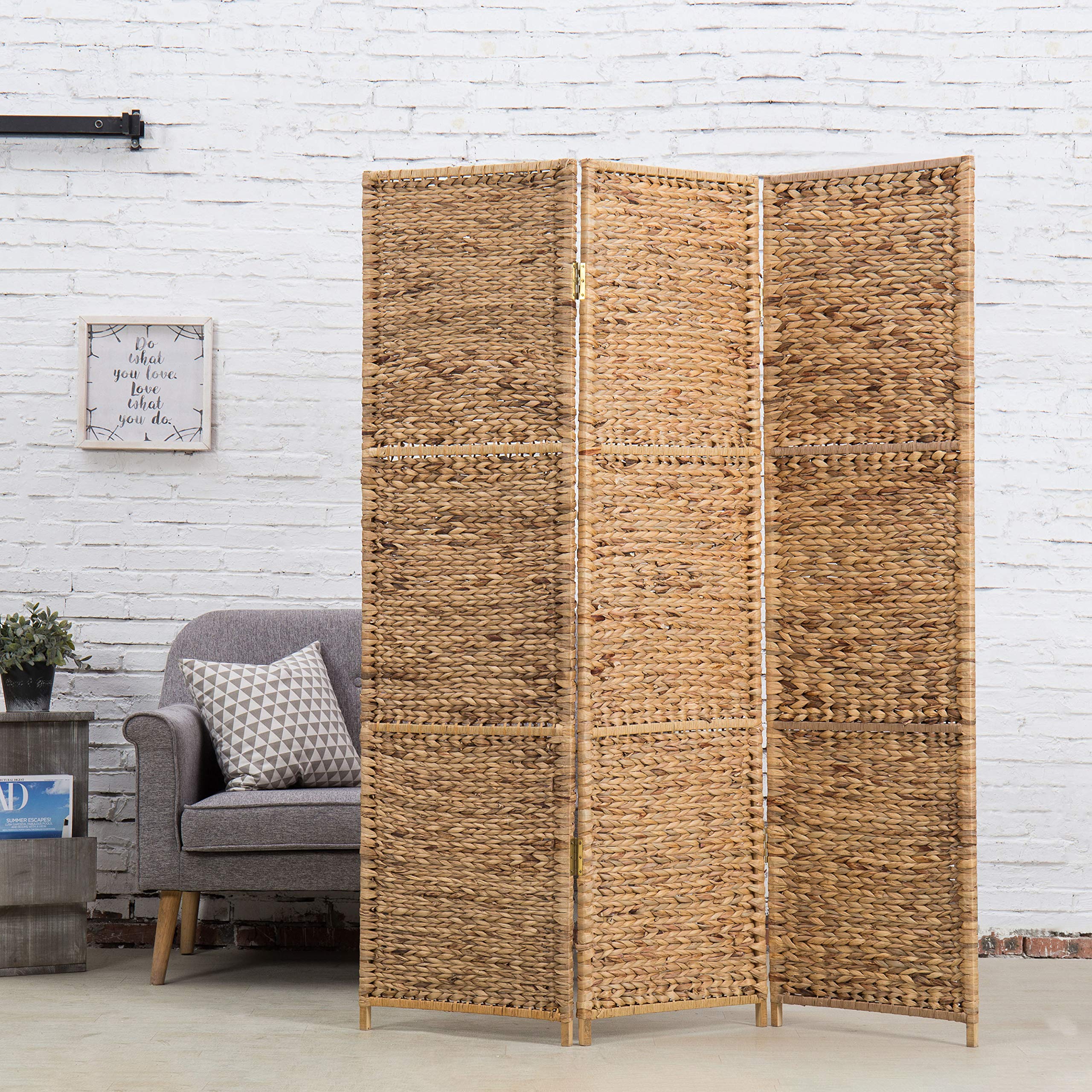 MyGift Handwoven Seagrass 3-Panel Room Divider Screen with Solid Wood Frame - Foldable Partition for Living Room, Bedroom, Office Privacy - Natural Brown Home Decor