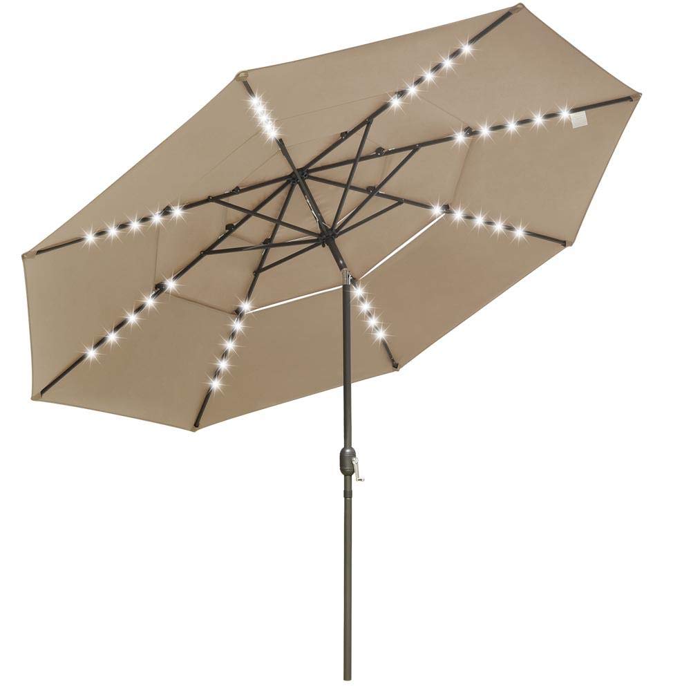 11ft Solar LED Patio Umbrella with 40 Lights & 3-Tier Tilt - Waterproof Khaki Outdoor Market Umbrella for Poolside, Garden, and Backyard Relaxation