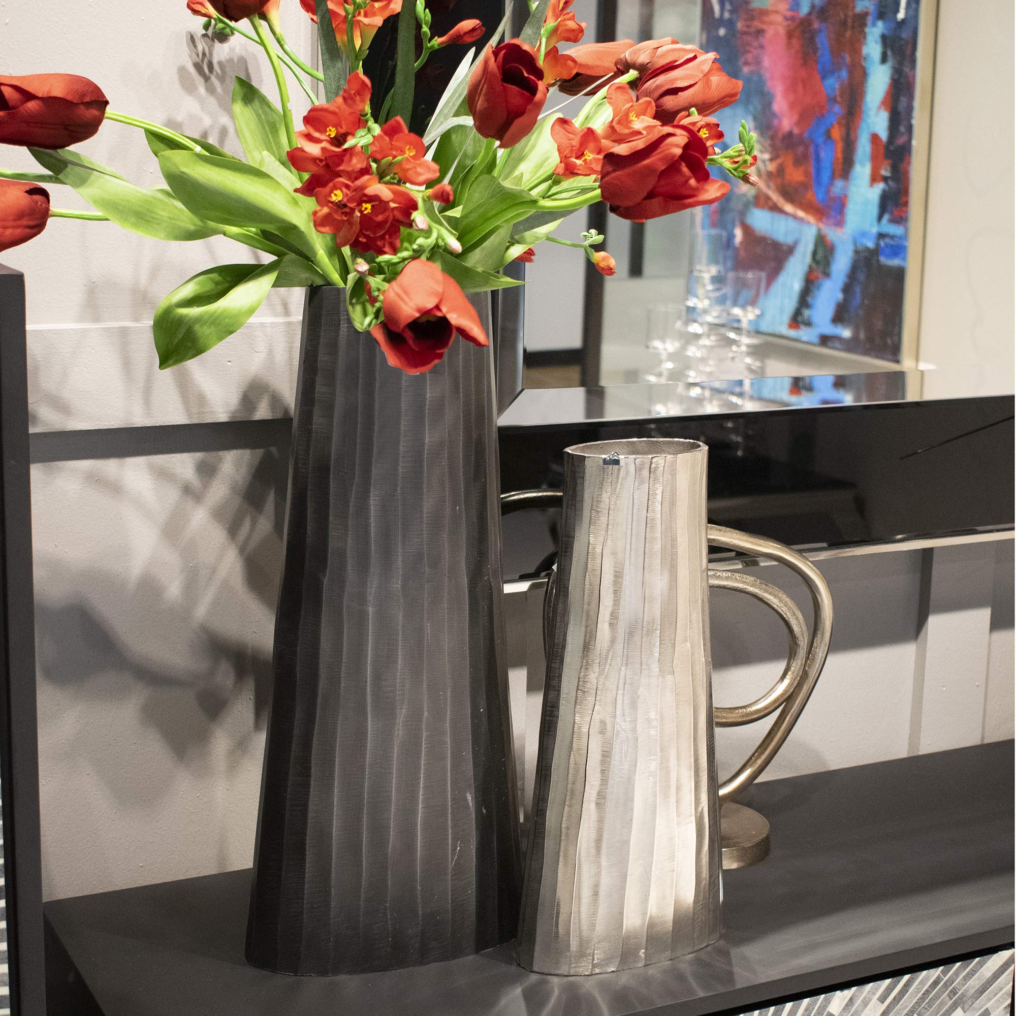 Howard Elliott Chiseled Metal Decorative Flower Vase - Silver Textured Centerpiece for Dining Table, Living Room & Home Decor (8