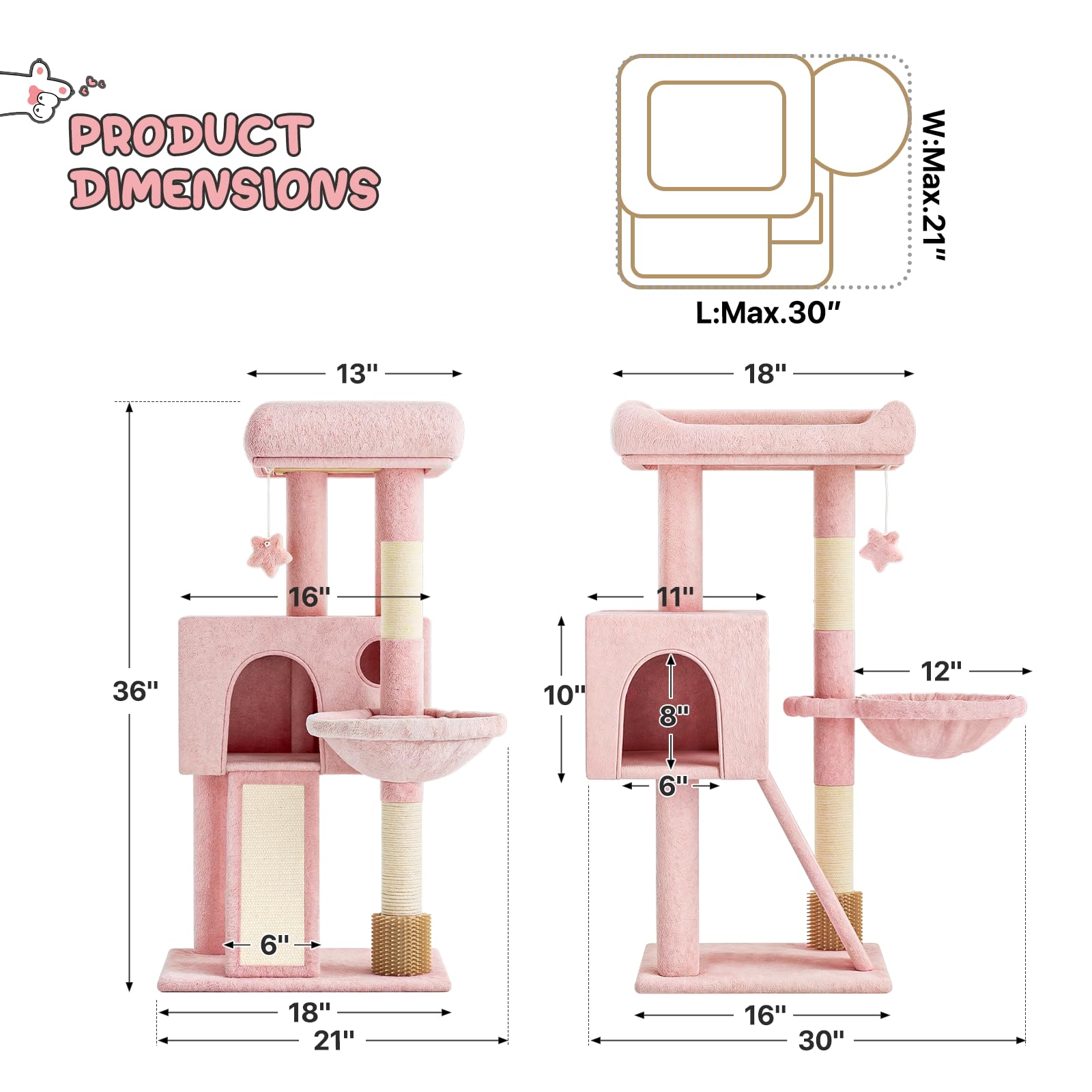 MoNiBloom 36 Inch Cat Tree Tower with Condo, Scratching Post & Sisal Board - Multi-Level Cat Climbing Furniture with Hammock for Indoor Cats (Soft Pink) - Perfect for Small Spaces, Apartments & Playful Kittens
