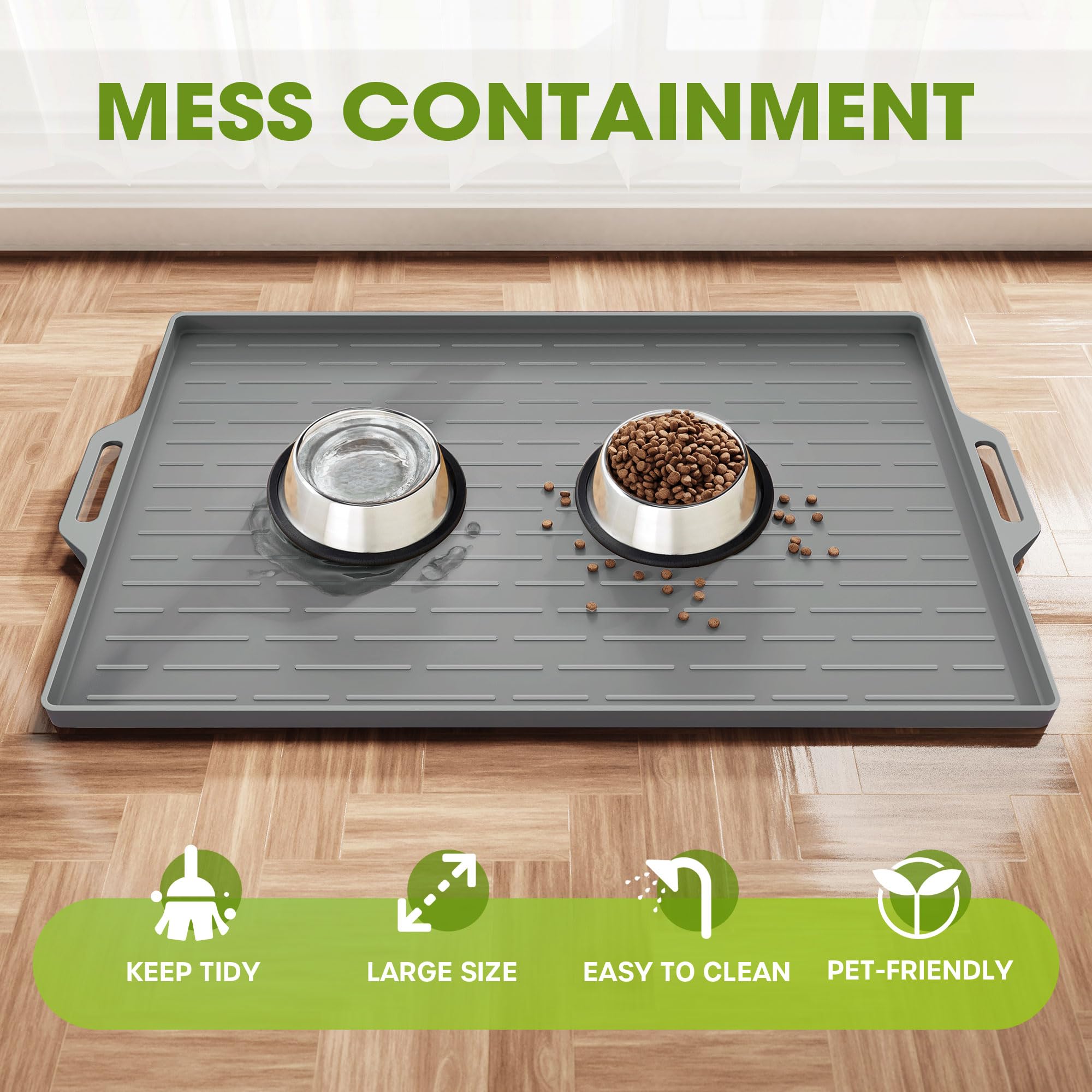Large Waterproof Non-Slip Silicone Pet Feeding Mat with Raised Edges - Dog Bowl Tray & Cat Food Placemat for Mess-Free Meals - Perfect for Kitchen Floors, Crate Training, and Travel Use