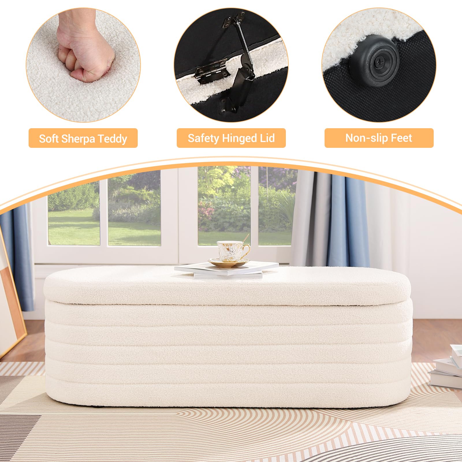 Modern Sherpa Upholstered Teddy Storage Ottoman Bench - White Oval Entryway Bench for Living Room, Bedroom & End of Bed | Multi-Functional Storage Seat with Soft Fabric for Home Decor & Organization