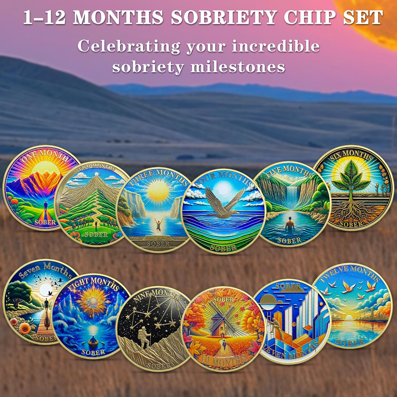 12Pcs AA Sobriety Coins Set - 1 to 12 Months Recovery Medallions for Alcoholics Anonymous, Addiction Recovery Gifts for Men & Women | Celebrate Milestones in Sobriety Journey (Ideal for AA Meetings, Anniversary Gifts & Personal Motivation)