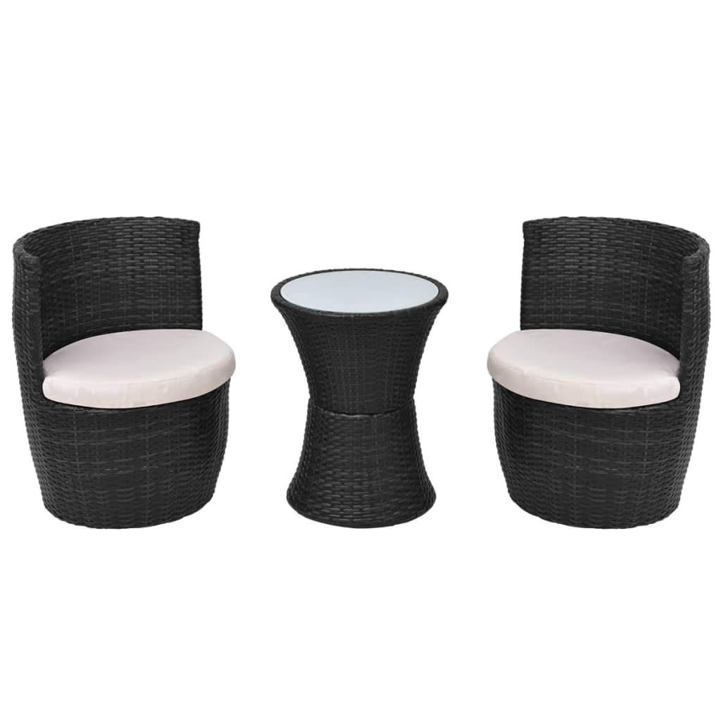 3-Piece Black Poly Rattan Bistro Set with Cushions - Outdoor Dining Table and Chairs for Kitchen, Pub, Garden, Backyard, Patio - Perfect for Breakfast, Coffee, and Relaxing in Indoor & Outdoor Spaces