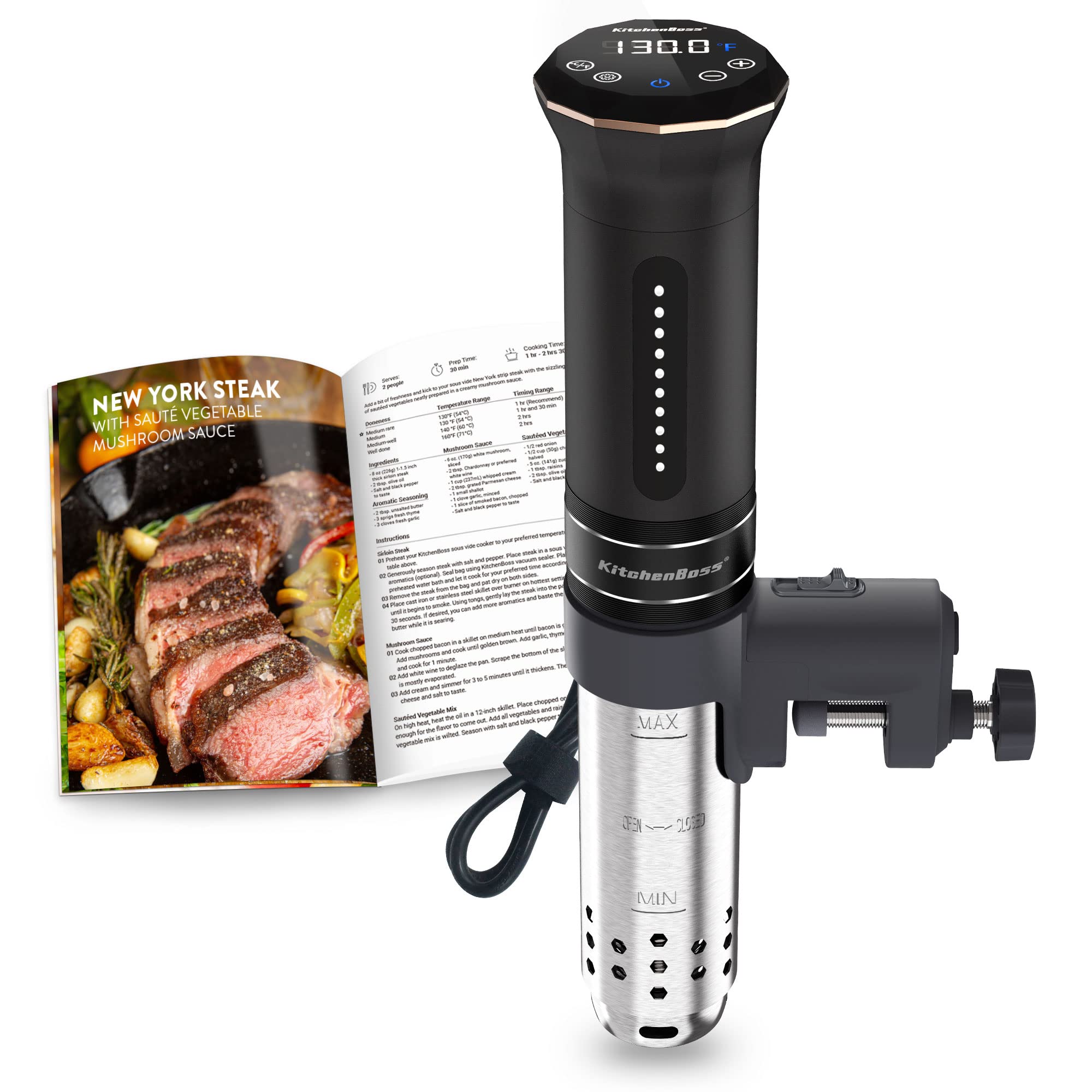 KitchenBoss G300 Sous Vide Cooker - 1100W IPX7 Waterproof Immersion Circulator with Precise Temperature Control & Digital Display - Includes 5 Vacuum Sealer Bags (Black) - Perfect for Home Cooking, Meal Prep, and Professional Chefs