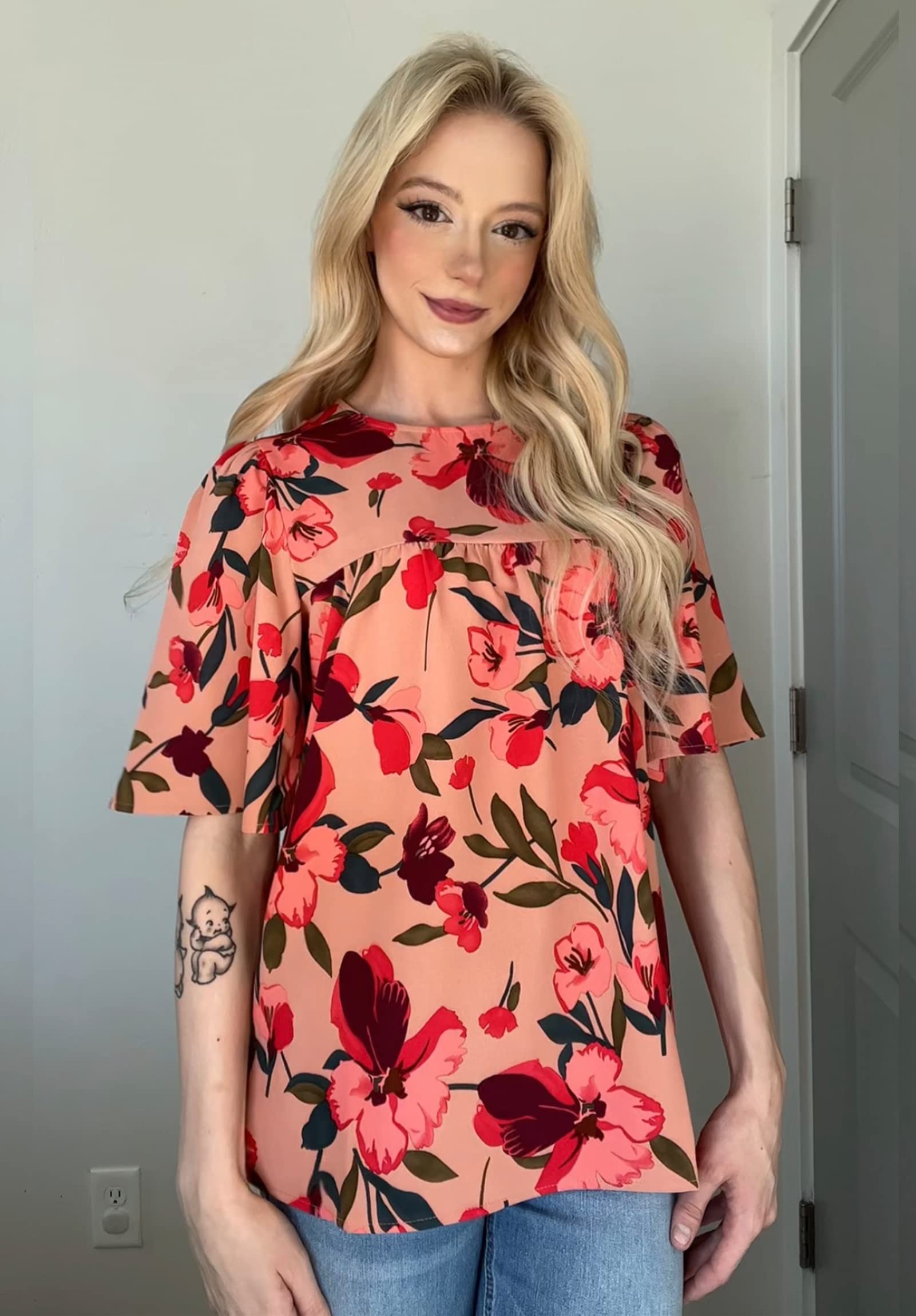 Luvamia 2024 Women's Floral Boho Blouses - Dressy Casual Babydoll Tops with Short Bell Sleeves | Summer Flowy Shirts for Beach, Party & Office Wear