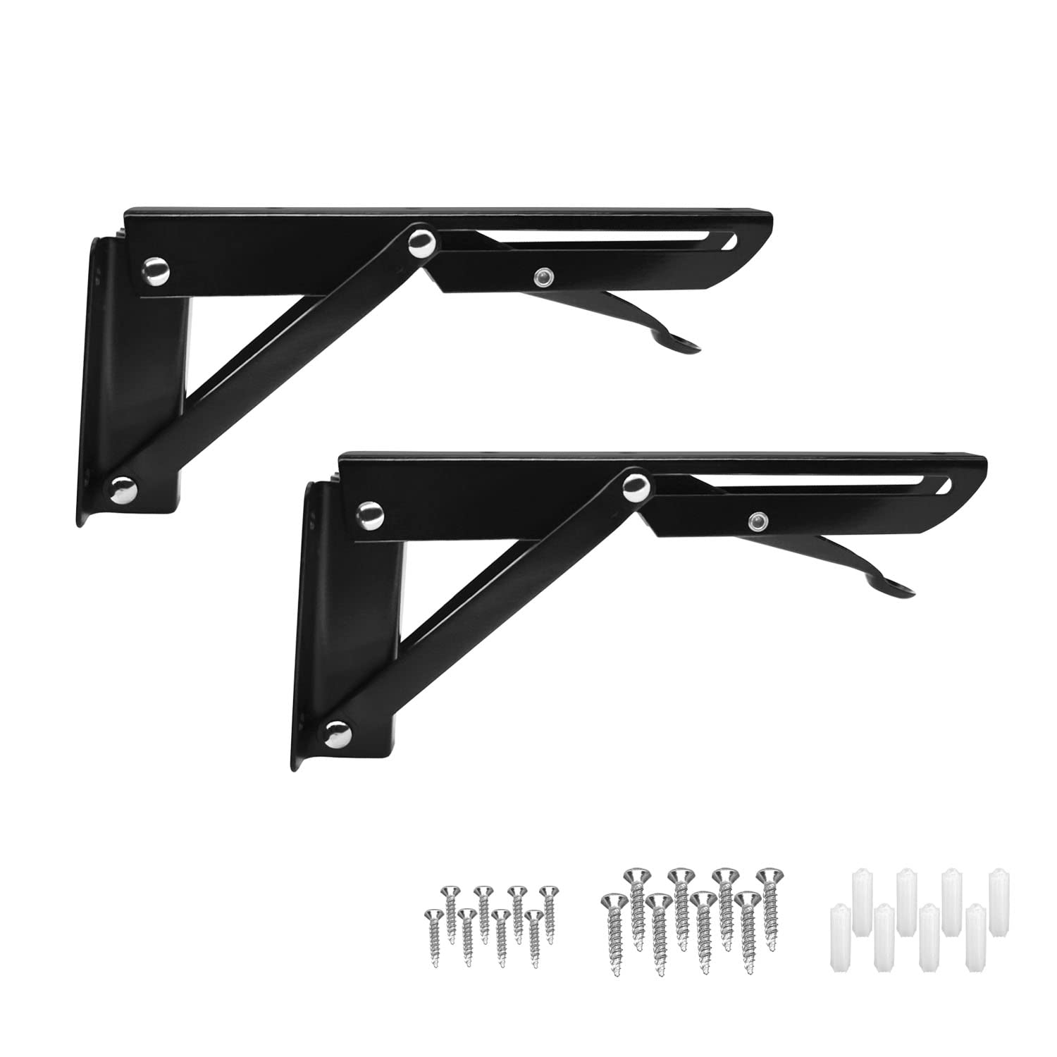 Heavy Duty Black Metal Folding Shelf Brackets - 10 Inch Sturdy Triangle Wall Mounted Hinge for Tables, Benches & Shelves (2 Pack) - Perfect for Garage Storage, Kitchen Organizers & DIY Home Projects