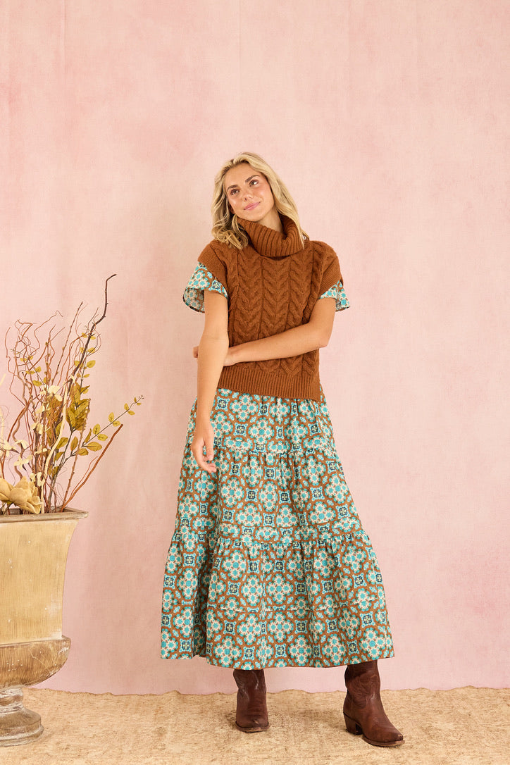 Elegant Poppy Deep V Neck Quatrefoil Print Brown Dress for Women - Perfect for Cocktail Parties, Date Nights & Special Occasions
