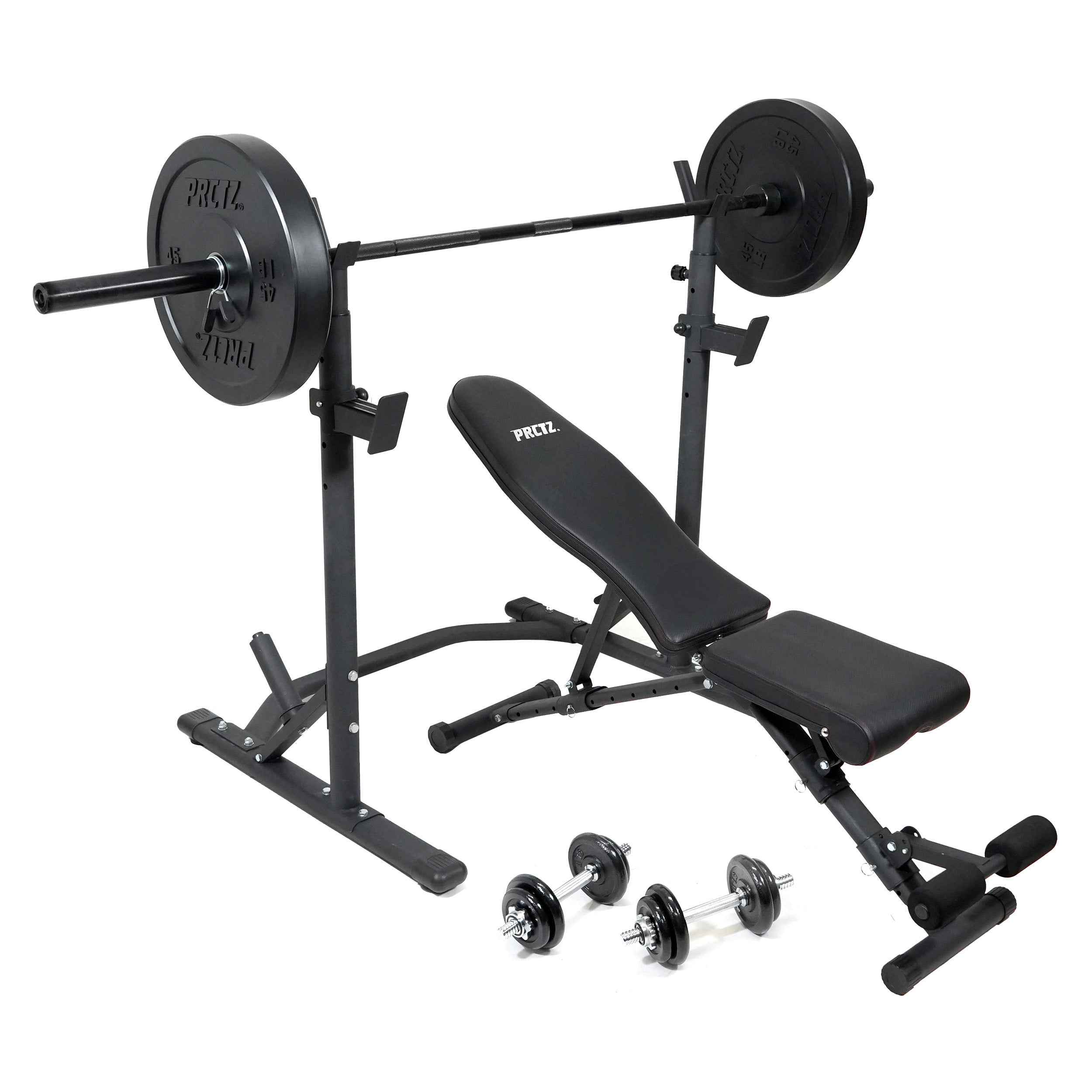 PRCTZ SP2 Home Gym Bundle - Olympic Weight Bench with Squat Rack, 7ft Olympic Barbell, 45lb Rubber Bumper Plates & 40lb Adjustable Dumbbells - Perfect for Home Workouts, Strength Training & CrossFit