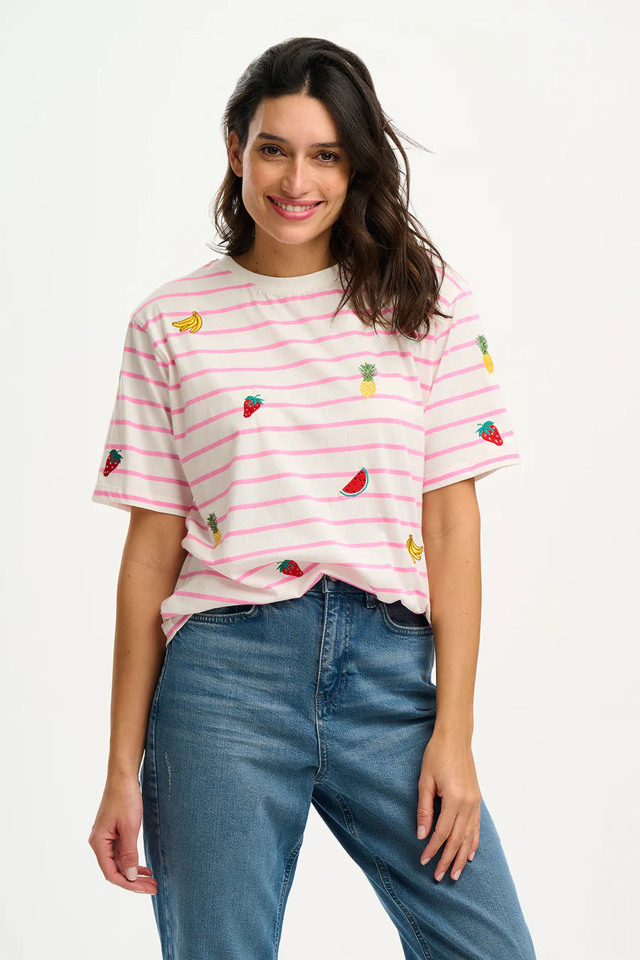 Kinsley Relaxed Fit T-Shirt for Women - Soft Cotton Casual Tee in Off White & Pink Fruit Print | Perfect for Everyday Wear, Lounge & Outings