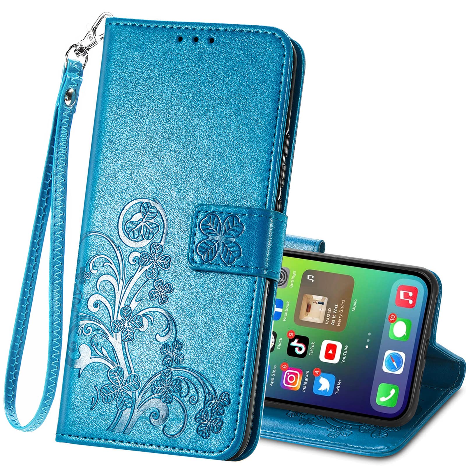 Premium PU Leather Wallet Case for iPhone 14 with Credit Card Slots, Kickstand & Wrist Strap - Floral Embossed Protective Cover for Women (Blue) | Perfect for Everyday Use, Travel & Hands-Free Convenience