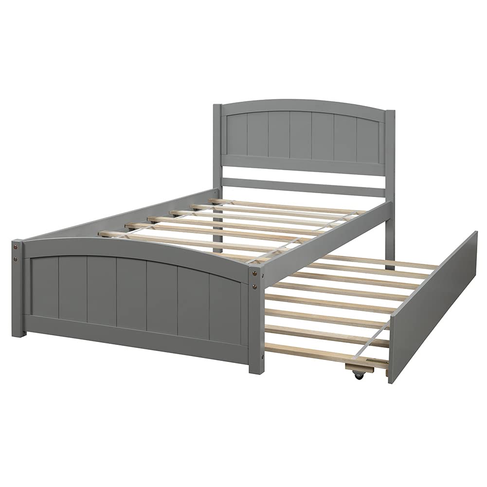 Twin Size Wood Platform Bed with Trundle, Headboard & Footboard - Easy Assembly Gray Wooden Bed Frame | Perfect for Kids Rooms, Guest Bedrooms & Small Spaces