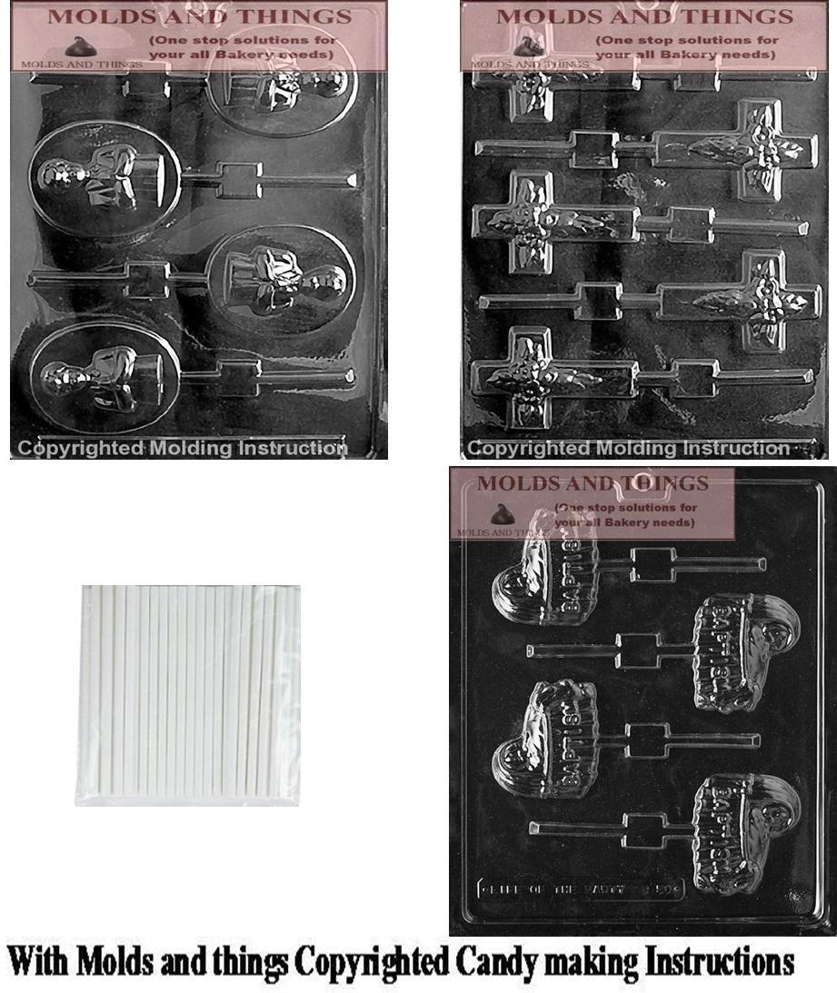 Baby Baptism Chocolate Candy Mold Set - Cross Shaped Lollipop Molds for Christening & First Communion - Includes 50 Sticks & Candy Making Guide - Perfect for DIY Party Favors, Holiday Gifts & Religious Celebrations