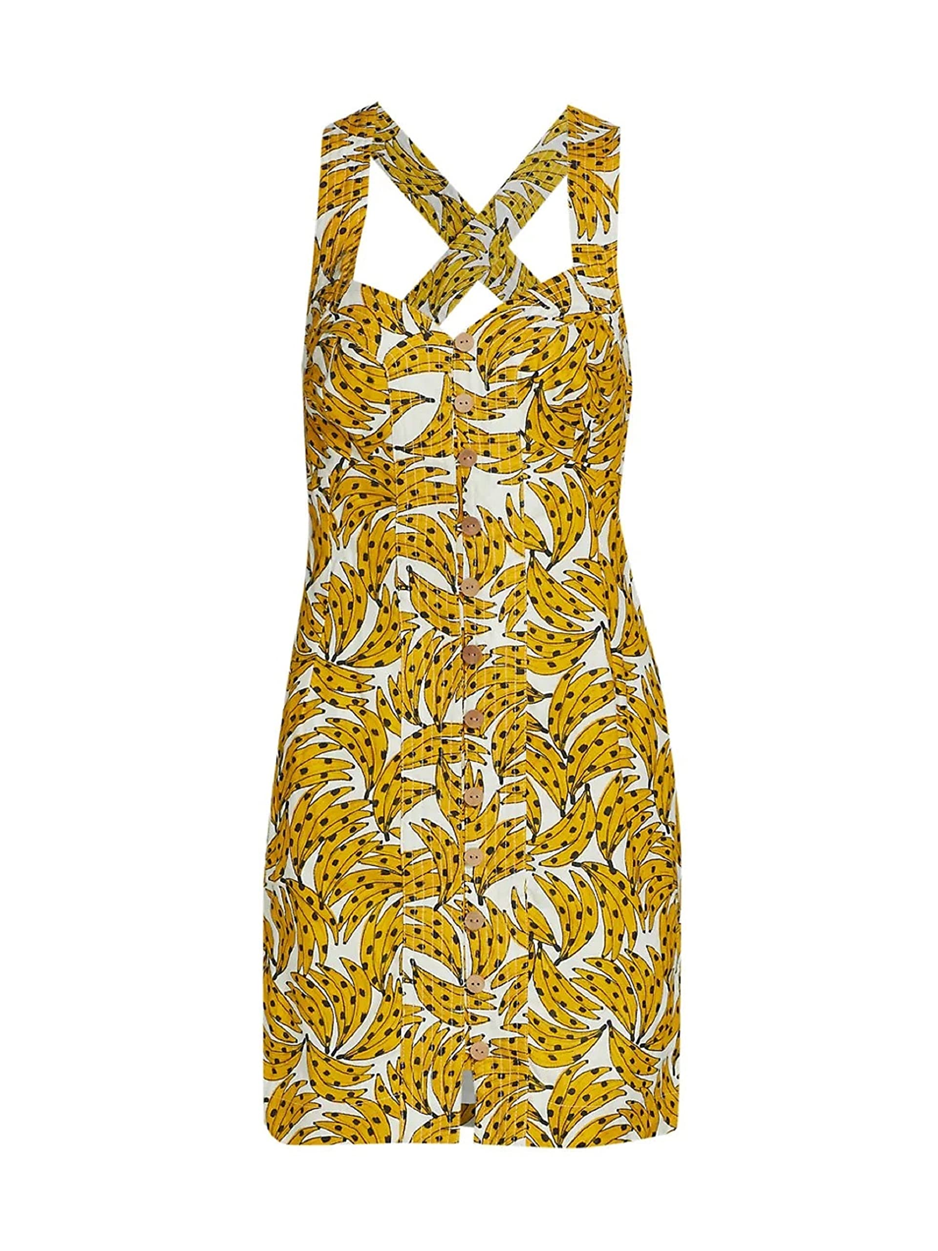 FARM Rio Women's White Spotted Banana Print Mini Dress - Size Small | Tropical Summer Beach Party Outfit