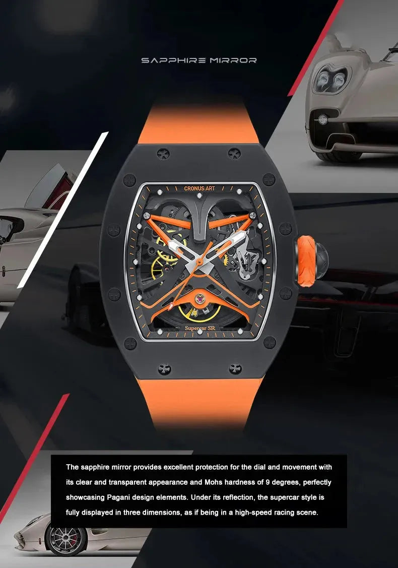 CRONUSART Men's Automatic Skeleton Watch - 50mm Tonneau Case, Carbon Steel, Luminous Hands, Fluororubber Strap - Mechanical Wristwatch for Business, Casual & Formal Occasions