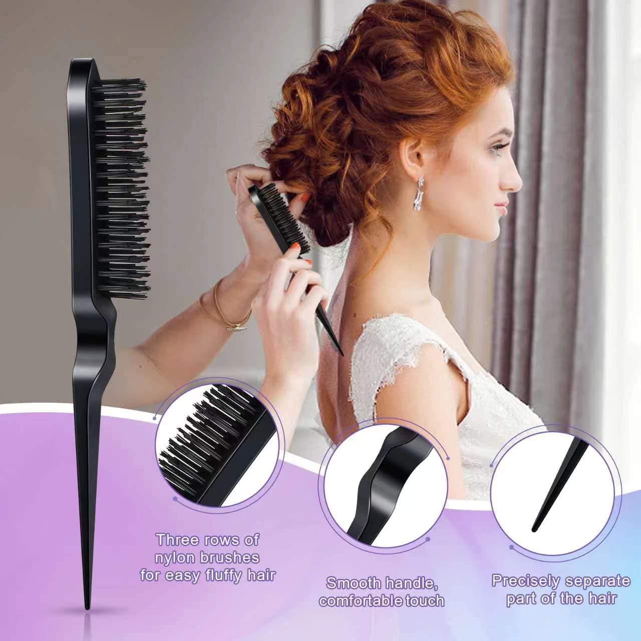 4Pcs Hair Brush Styling Combs Set - Anmieciu Bristle Edge Brush, Teasing Brush, Rat Tail Comb & Wide Tooth Comb for Women, Men & Girls - Detangling, Smoothing & Styling Hair (Black) - Perfect for Salon, Home & Travel Use