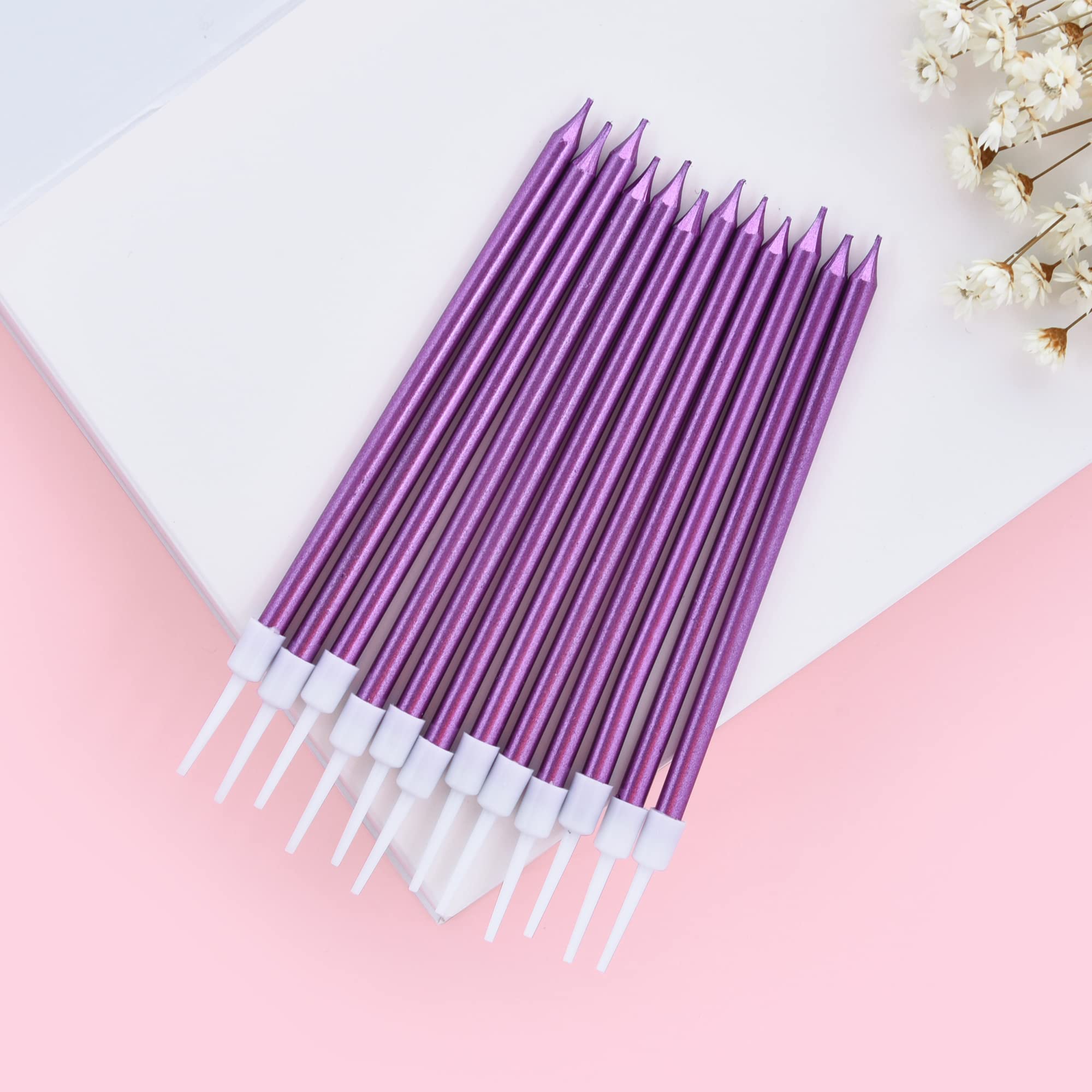 PHD CAKE Purple Long Thin Metallic Birthday Candles - 12 Pack Premium Cake Decorations for Wedding, Anniversary & Party Cakes - Elegant Cake Toppers for Special Occasions