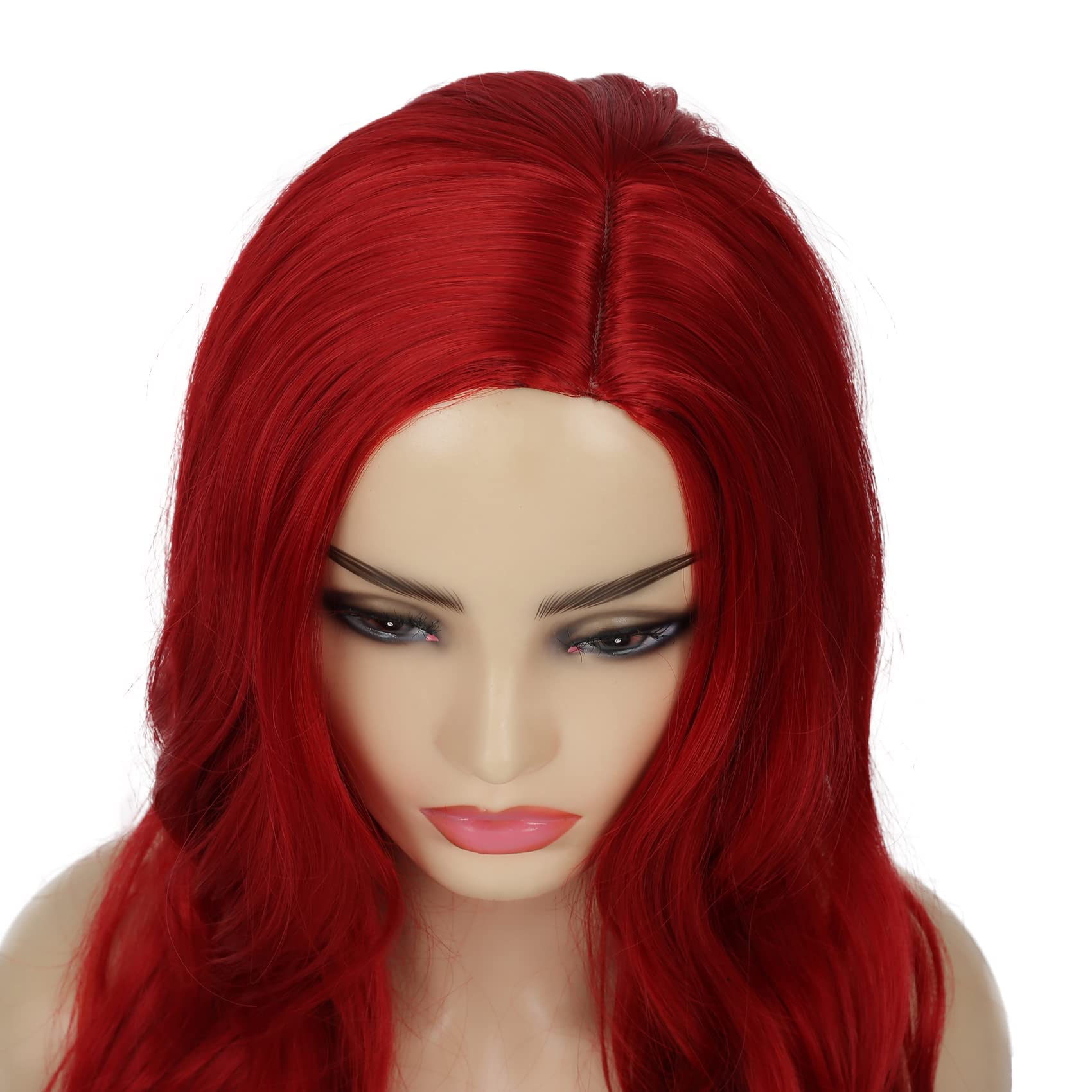 Long Wavy Red Wigs for Women - Heat Resistant Synthetic Hair with Natural Looking Side Part - Perfect for Cosplay, Halloween Parties & Costume Events (Bright Red)
