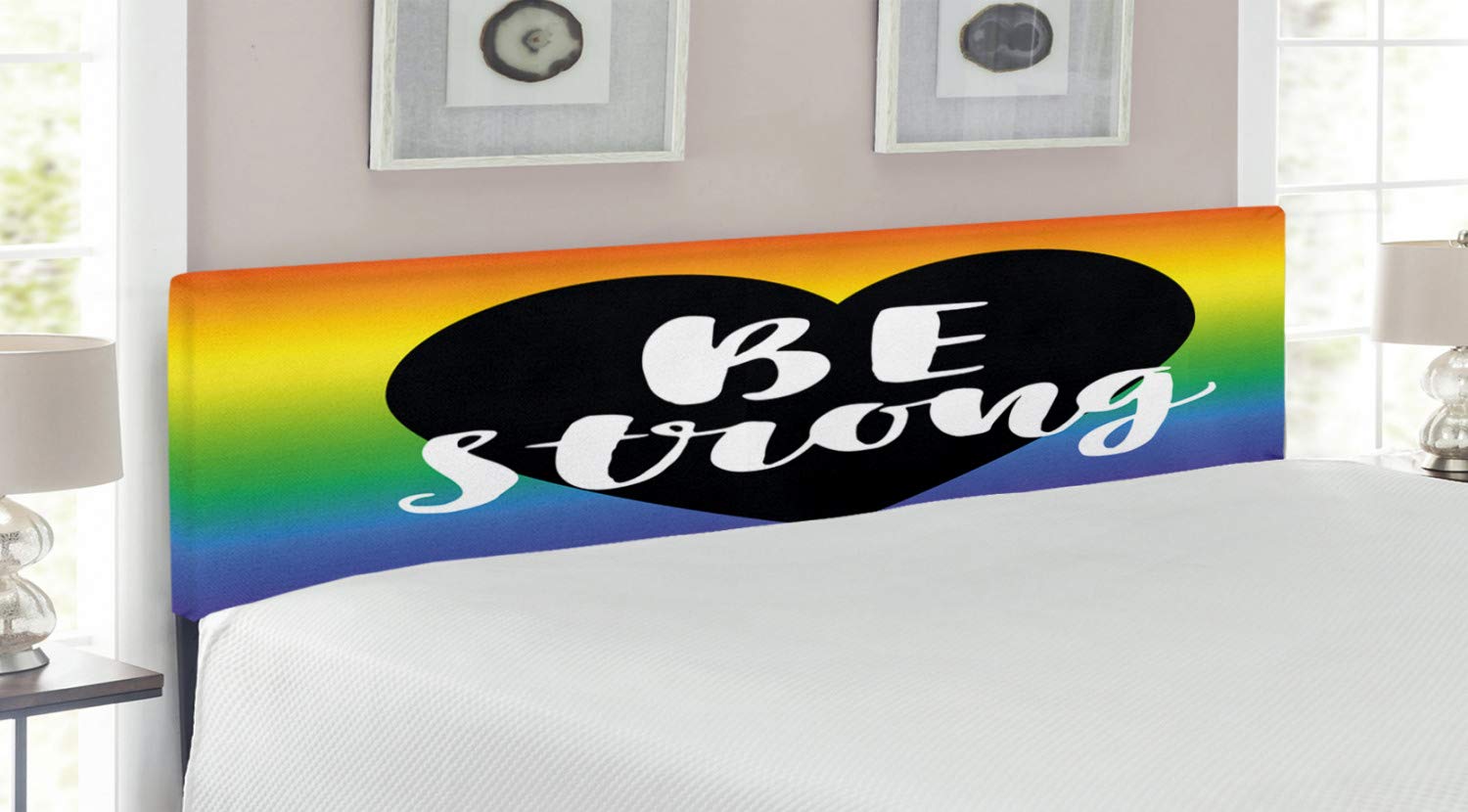 Ambesonne Pride Headboard - Upholstered King Size Metal Bed Headboard with Memory Foam, Be Strong Gay Parade Slogan Design for Freedom Rights Equality Love Theme, Multicolor - Perfect for LGBTQ+ Bedroom Decor & Pride Month Celebrations