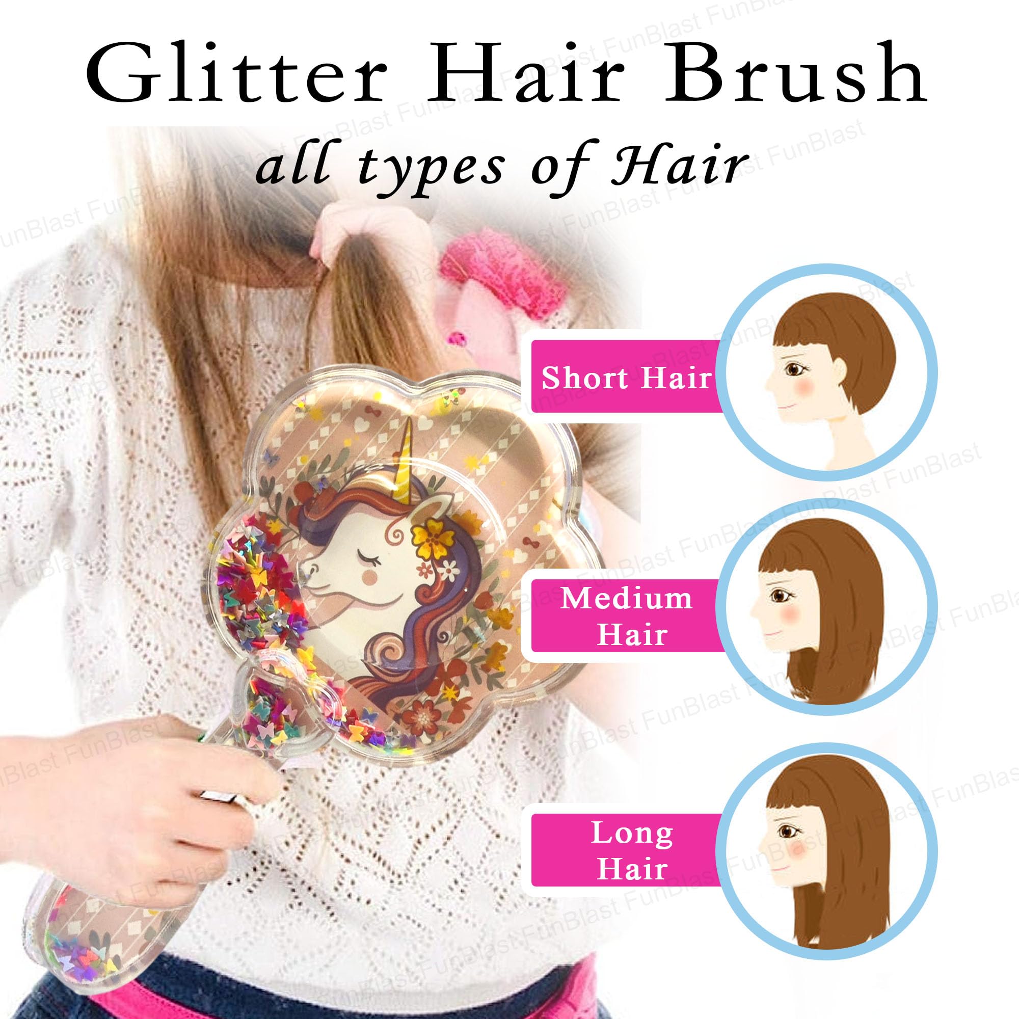 FunBlast Glitter Hair Brush Comb for Girls & Women - Flower Shaped Detangling Brush for Kids, Teens & Adults | Perfect for School, Parties & Daily Styling (Random Color)