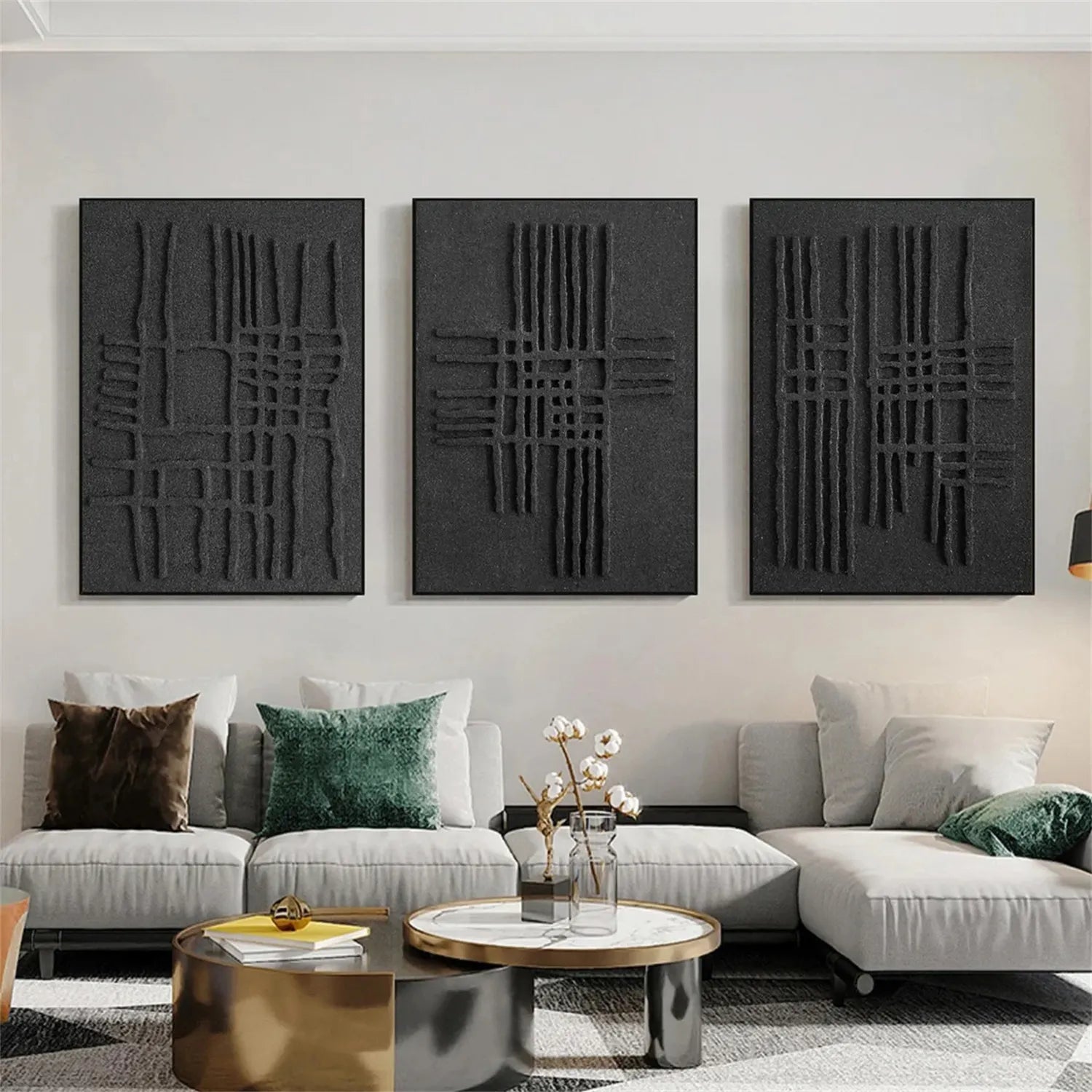Black Minimalist Textured Painting Canvas Set of 3 - Modern Abstract Wall Art for Living Room, Bedroom & Office Decor #MZ119