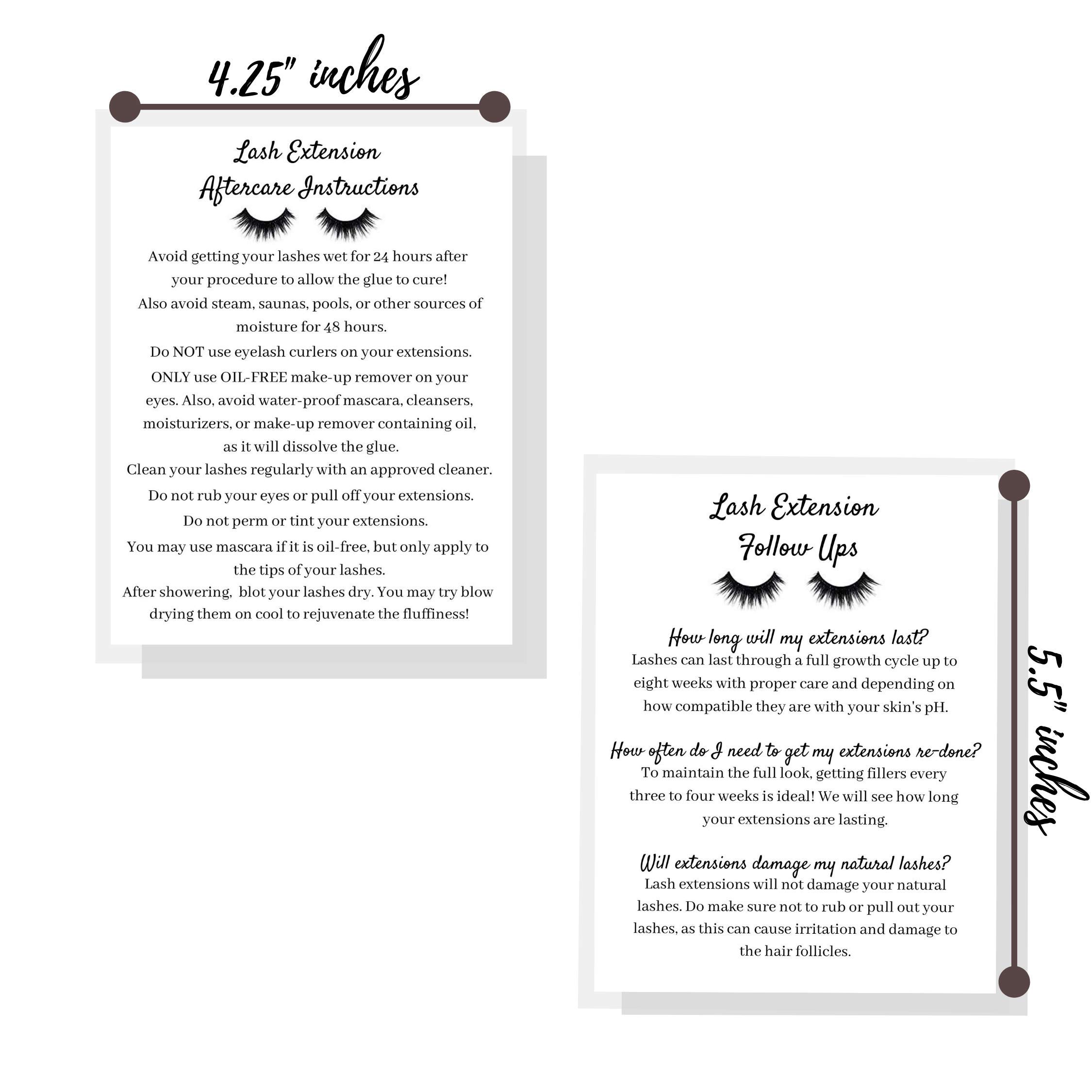 Professional Lash Extension Aftercare Instruction Cards for Clients - 4.25