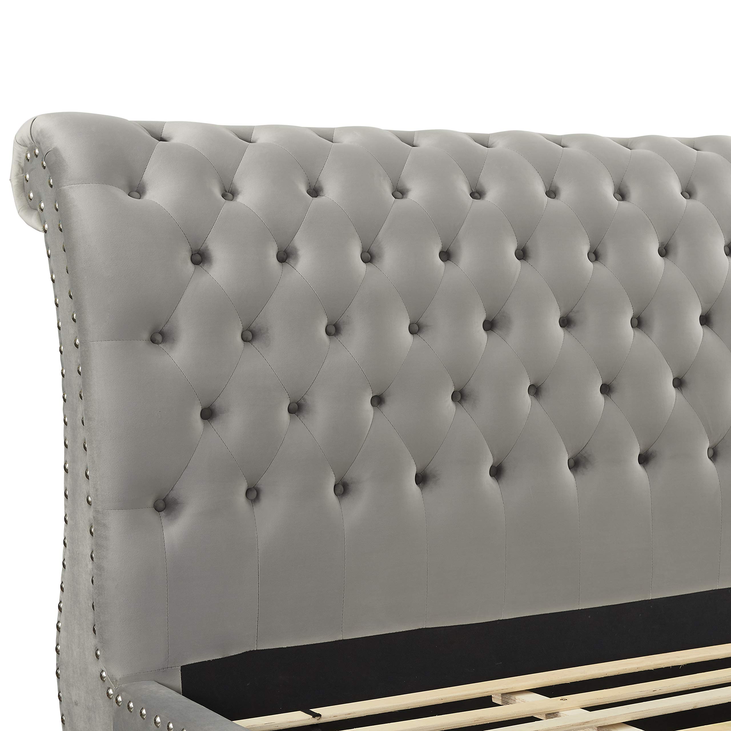Roundhill Furniture Evora Velvet Upholstered Button Tufted King Size Bed with Storage, Gray - Luxurious Bedroom Furniture for Master Suite & Guest Room