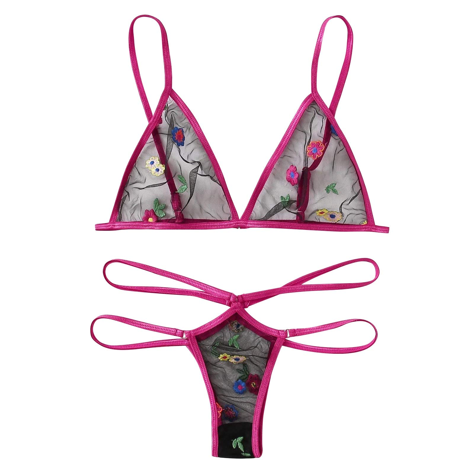 Sexy Lace Thong G-String Panties & Bra Set - Floral Lingerie Sleepwear for Women, Satin Nightgown Size 14-16 - Perfect for Valentine's Day, Honeymoon & Romantic Nights