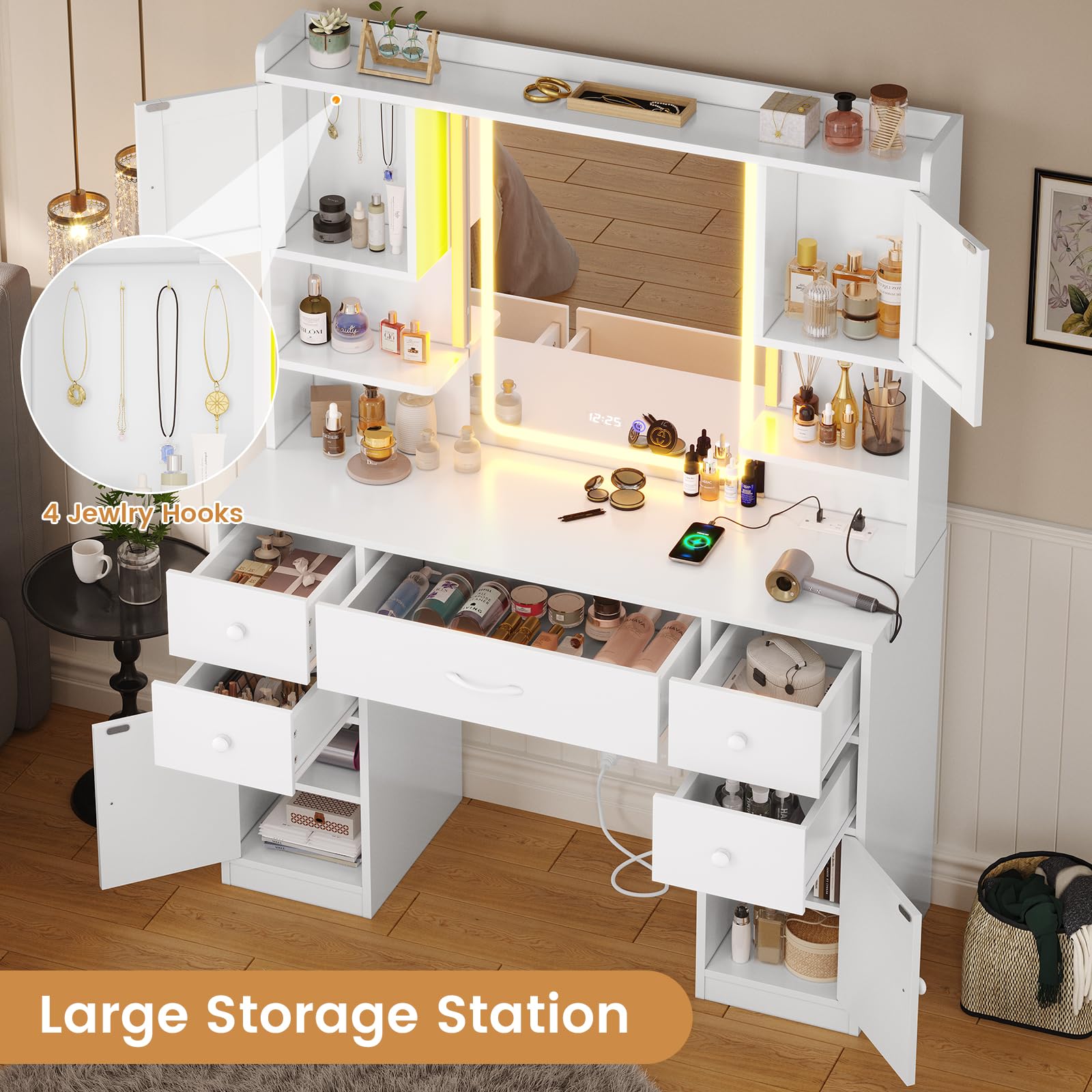 Tiptiper Large Vanity Desk with Mirror & LED Lights - Makeup Vanity Table with USB Charging Station, Smart Mirror with Time Display & 5 Storage Drawers - Perfect for Bedroom, Dressing Room & Home Salon (White)