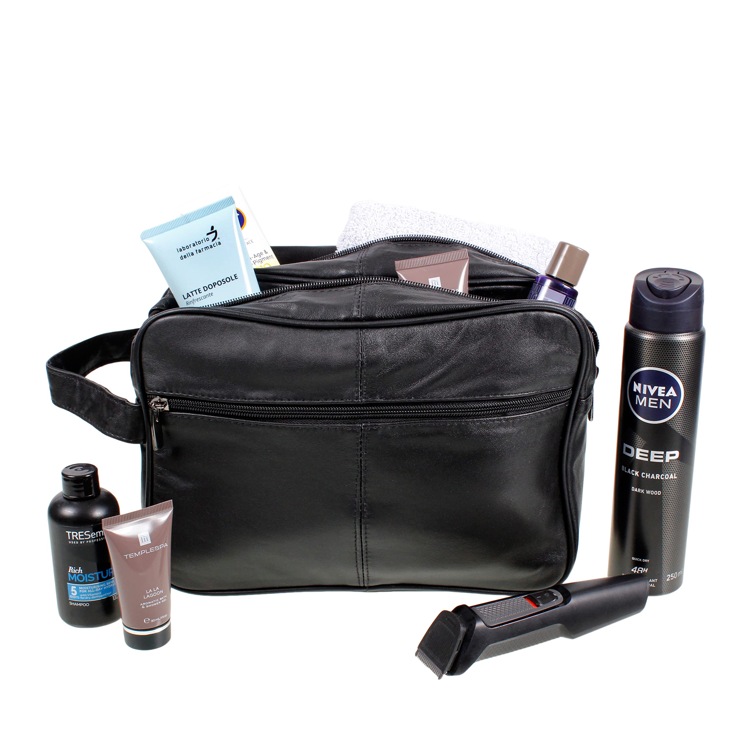 Jumbo Extra Large Genuine Leather Toiletry Bag for Men - Premium Travel Wash Bag & Overnight Organizer (Black) - Perfect for Business Trips, Gym, Camping & Weekend Getaways