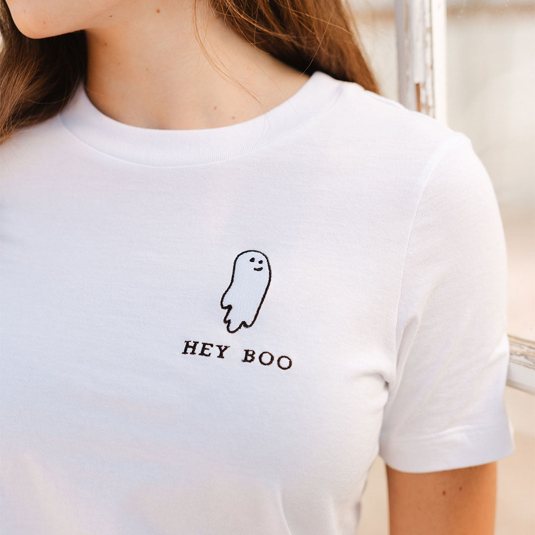 Hey Boo Embroidered Boyfriend T-Shirt for Women - Soft White Relaxed Fit Tee - Casual Everyday Wear & Cute Date Outfits
