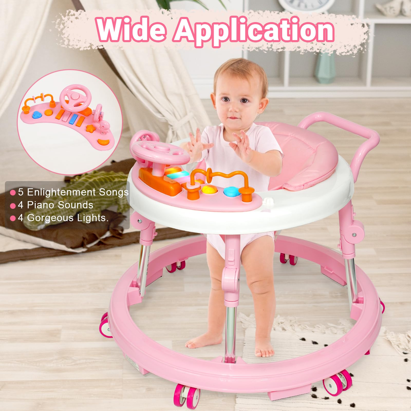 Foldable Music & Lights Baby Walker with 9 Adjustable Heights - Portable Wheeled Activity Center for Boys & Girls 7-18 Months (Pink) - Perfect for Learning to Walk & Indoor Playtime