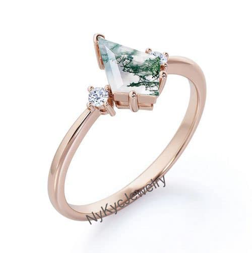 Kite Shaped Moss Agate Women's Ring - 925 Sterling Silver Engagement & Wedding Ring - Vintage Gold Moss Agate Jewelry - Unique Green Gemstone Ring for Her - Perfect for Proposals, Anniversaries & Special Occasions