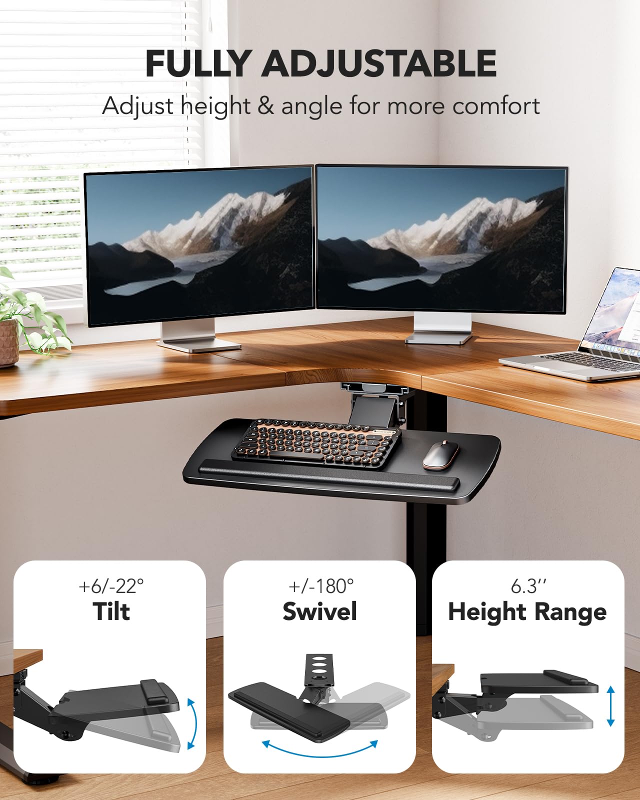 HUANUO 360° Adjustable Ergonomic Under Desk Keyboard Tray - Slide Out Keyboard & Mouse Holder with 25