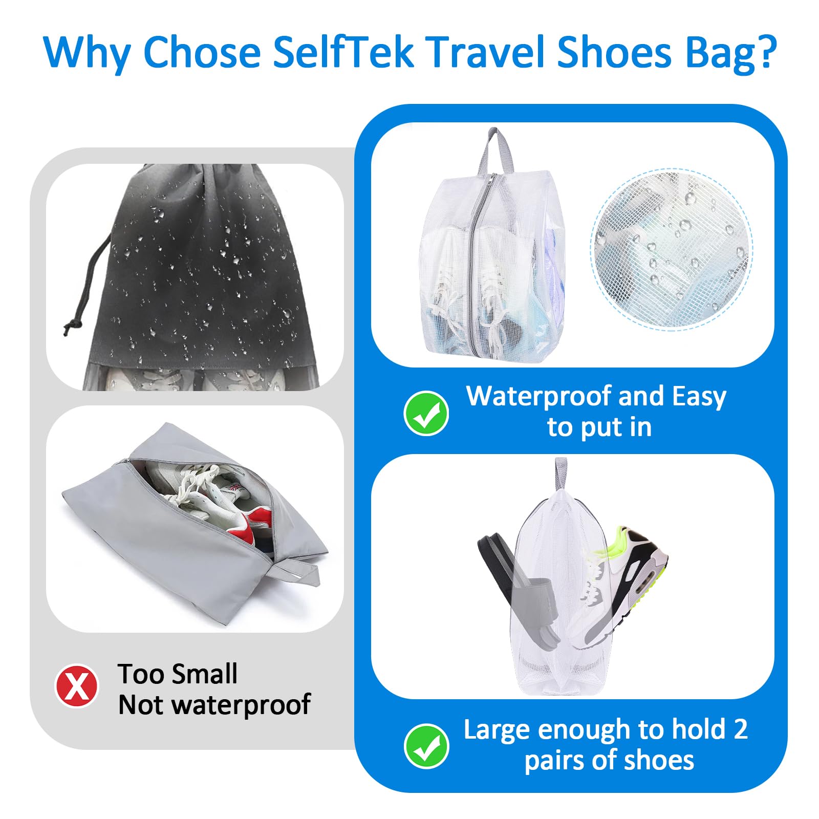 SelfTek 6 Pack Waterproof Shoe Bags for Travel - 3 Sizes Double-Sided Zipper Shoe Storage Pouches with Handle for Men, Women & Kids - Perfect for Family Vacations, Gym, Sports & Airplane Carry-On Luggage