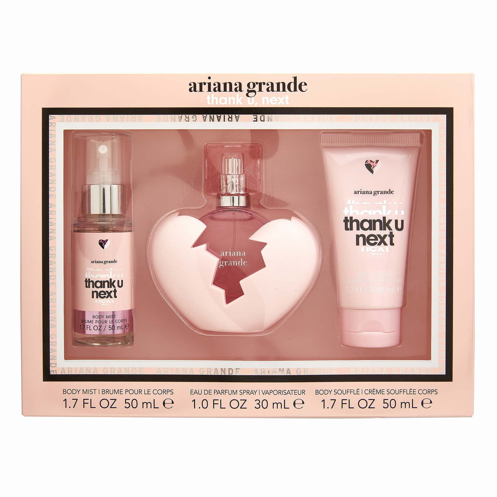 Ariana Grande Thank U Next 3-Piece Gift Set for Women - 3.4oz EDP Perfume Spray + 4oz Body Mist + 3.4oz Body Souffle | Fragrance Gift Set for Her, Birthday, Anniversary & Valentine's Day