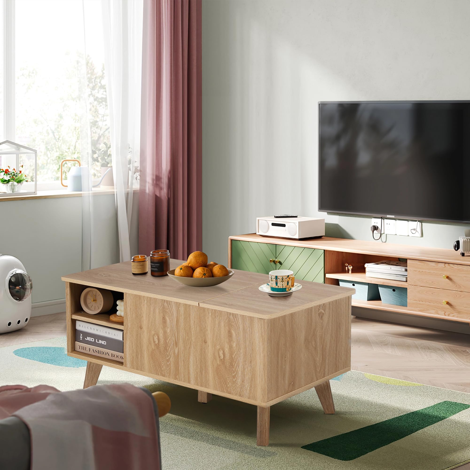 Modern Lift-Top Coffee Table with Hidden Storage - Wooden Fluted Design for Living Room & Office
