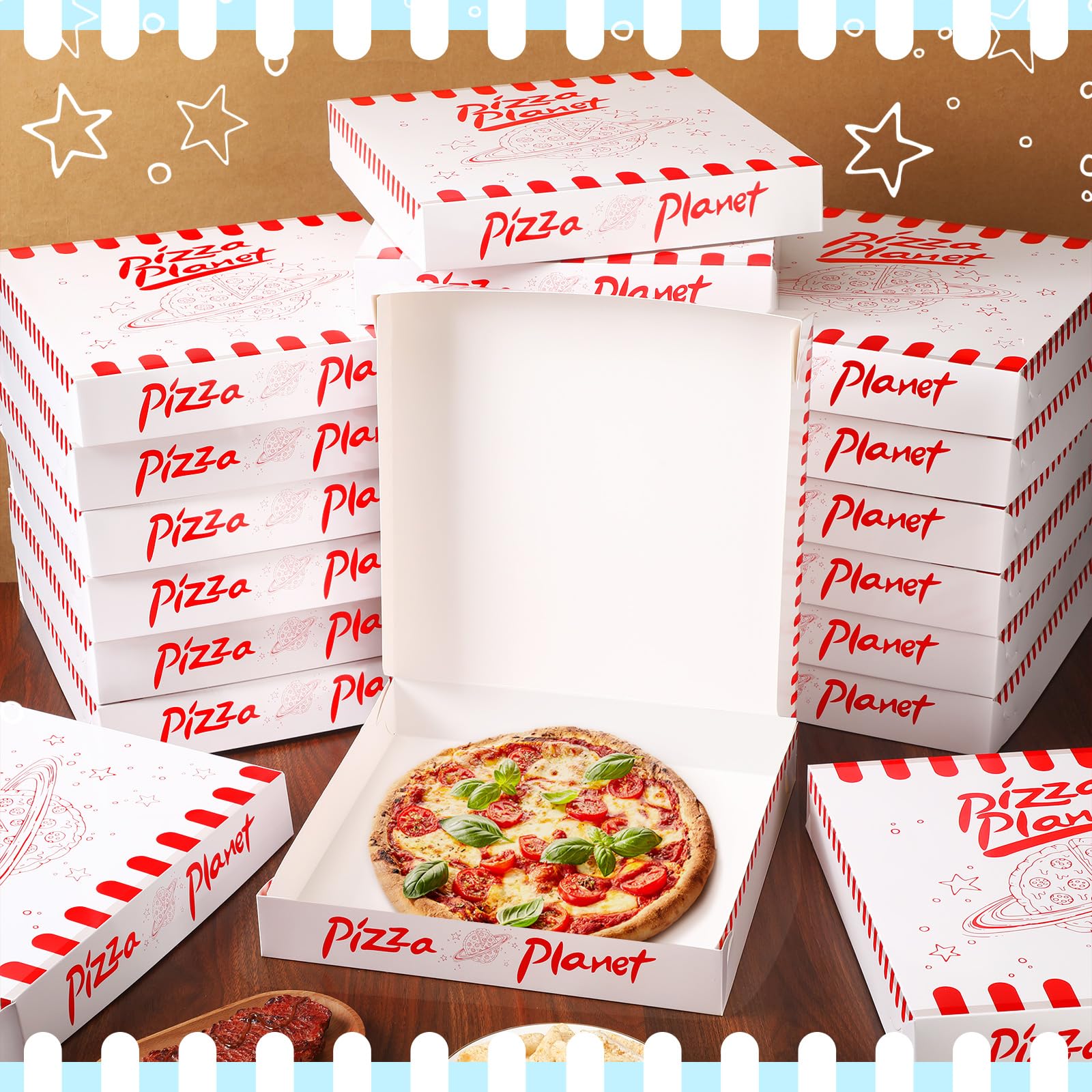 24-Piece Mini Pizza Planet Pizza Boxes - 10 Inch Small Dessert Boxes for Party Favors, Themed Decorations & Storytelling Decor - Perfect for Birthday Parties, Baby Showers & Movie Nights