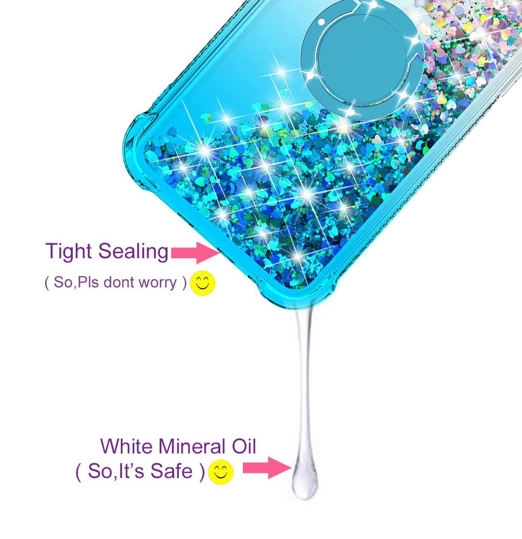 Sparkling Glitter Liquid Waterfall TPU Phone Case for iPhone 12/12 Pro (6.1 Inch) - Rotating Ring Kickstand, Blue | Protective Cover with Bling Design for Daily Use, Parties & Travel