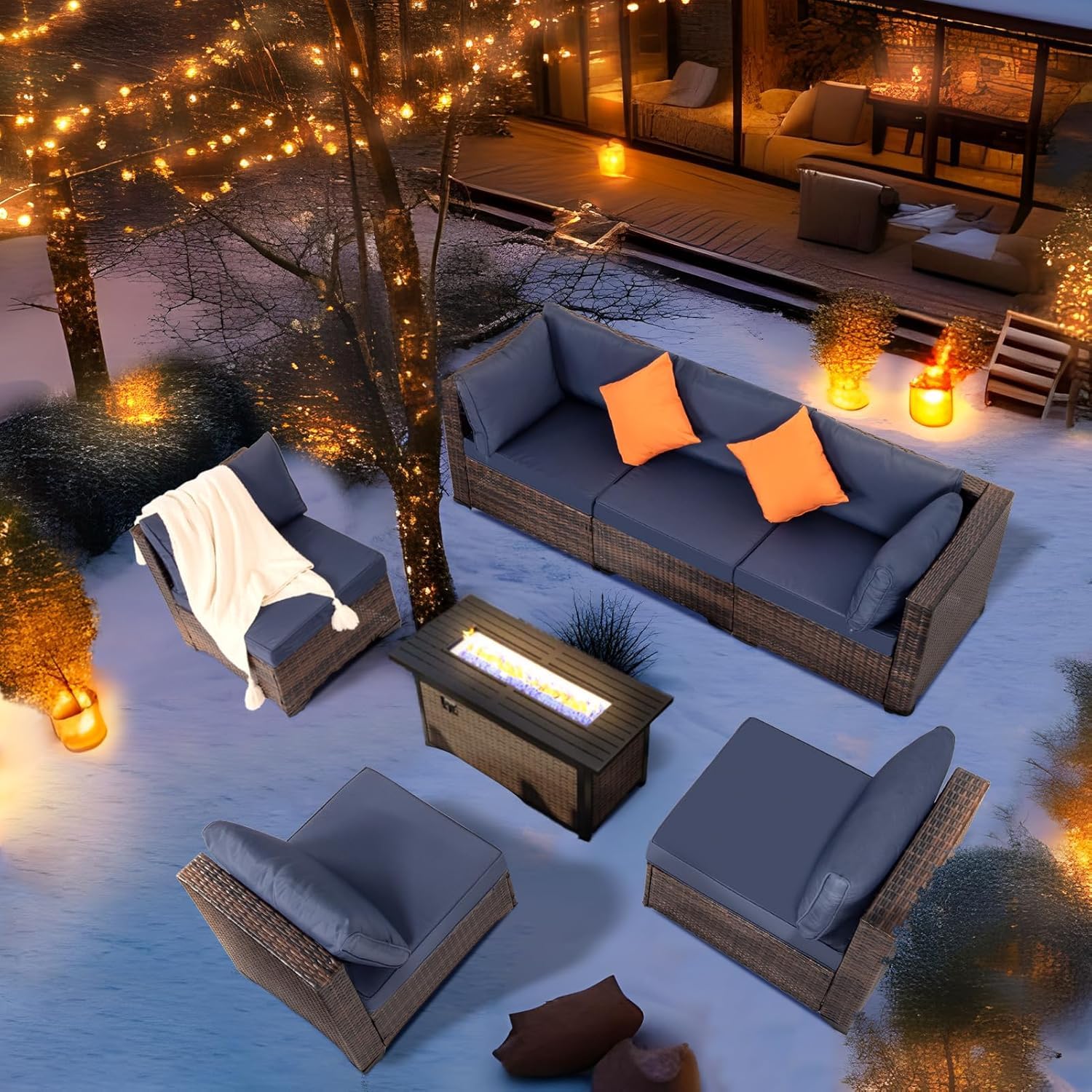 7-Piece Patio Outdoor Furniture Set - Rattan Wicker Sectional Sofa with Coffee Table - Brown Wicker & Blue Cushion - Perfect for Deck, Lawn, Garden, and Backyard Relaxation