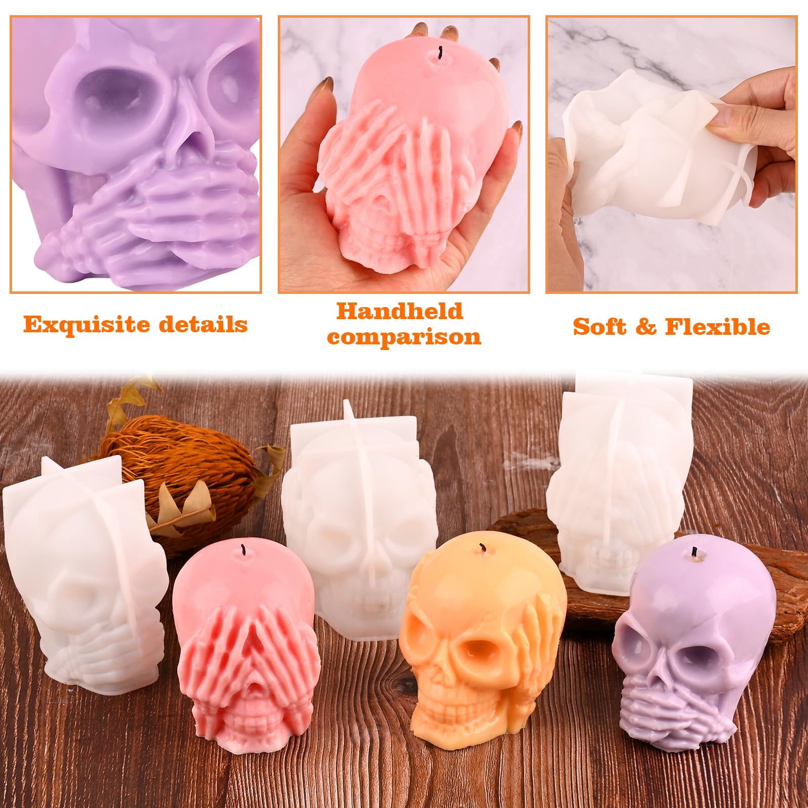 HUAKENER 3 Pack Skull Candle Molds - 3D Silicone Skull Molds for Candles, Resin, Soap & Cake Decorating (Hear No, See No, Speak No Evil) - Perfect for Halloween DIY Crafts, Home Decor & Party Supplies