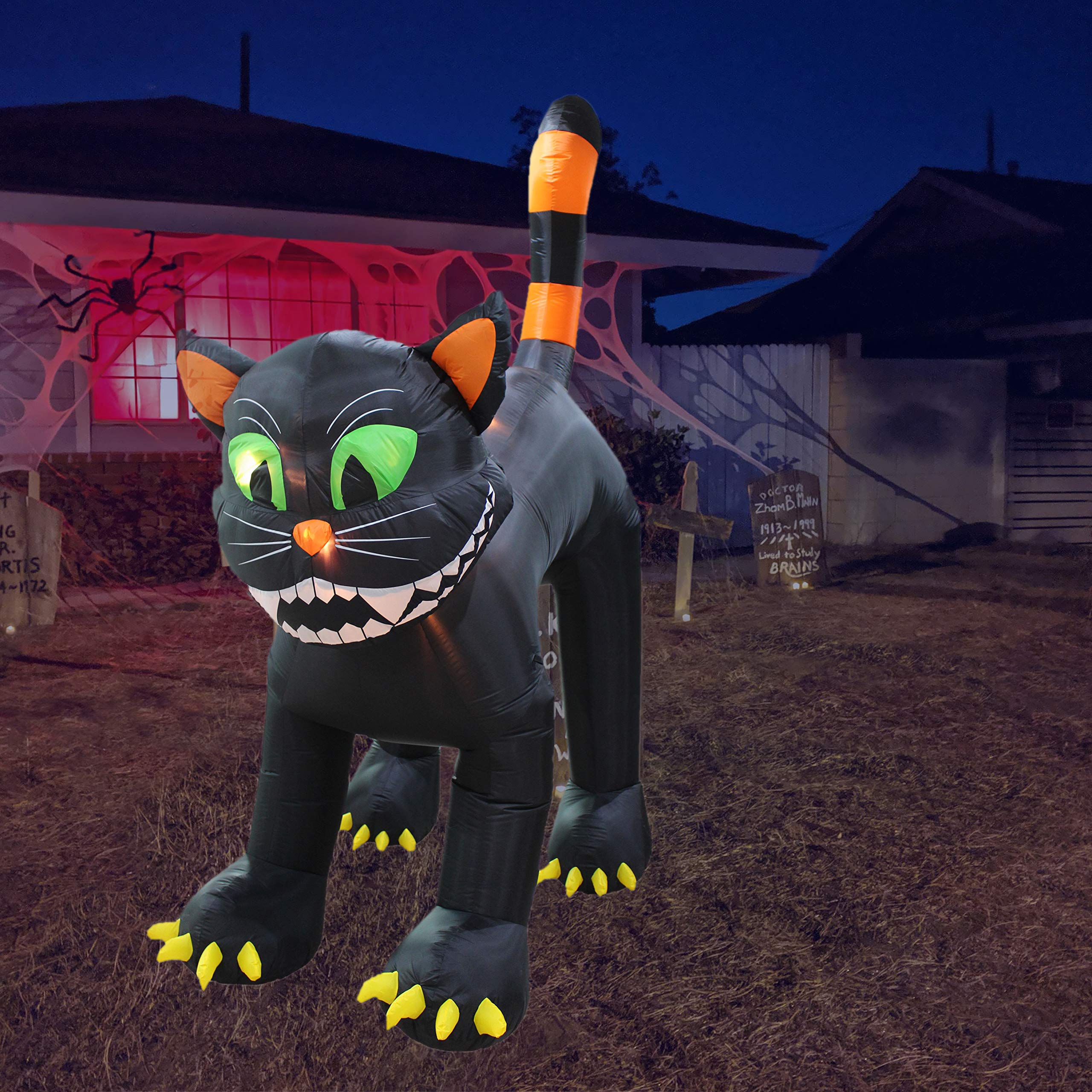 Halloween Party Decorations Bundle - 8ft Lighted Inflatable Ghost with Orange Banner & 11ft Animated Giant Black Cat Blowup for Outdoor Yard Decor | Spooky Halloween Decor for Home, Party, Haunted House
