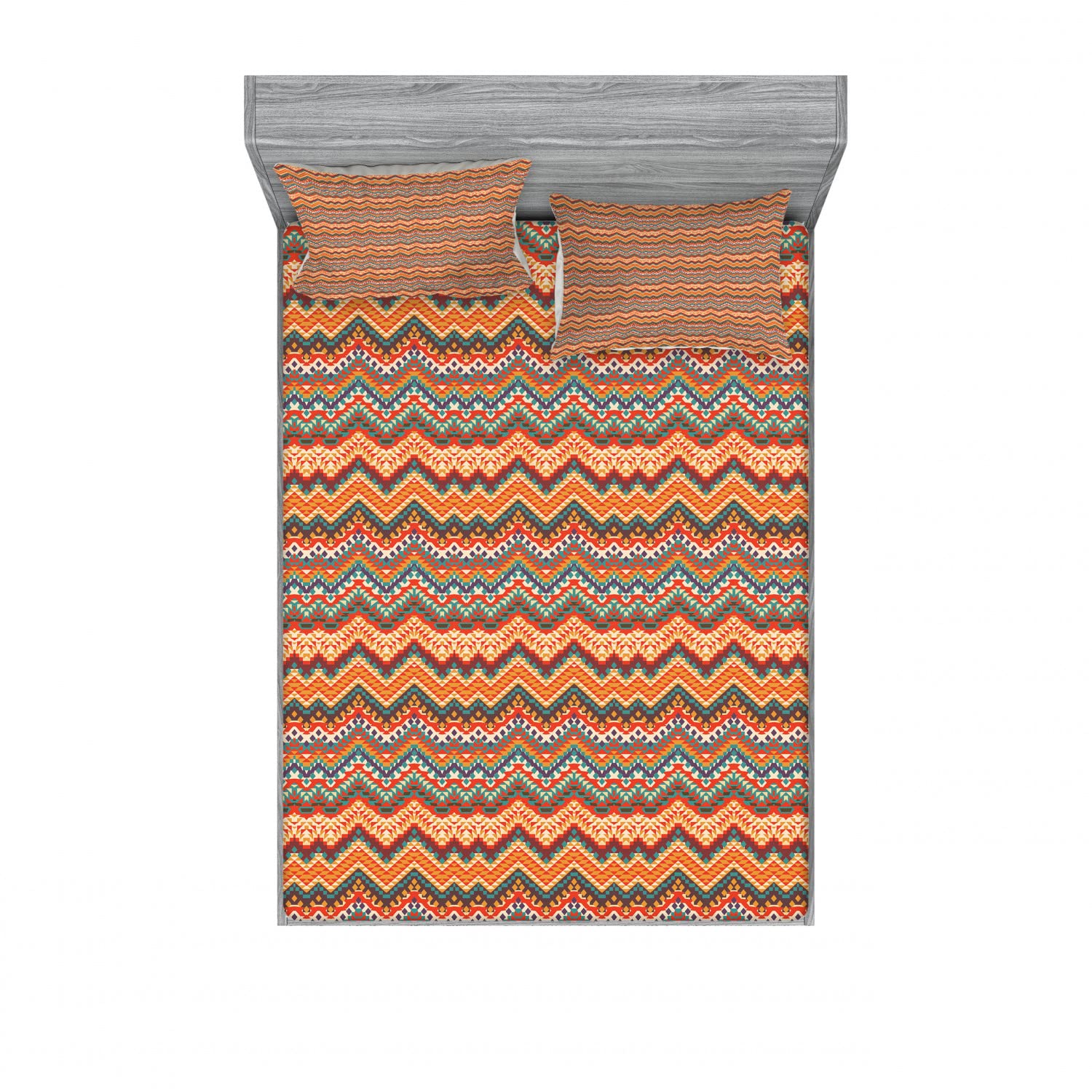 Ambesonne 2-Piece Full Size Fitted Sheet Set with 4 Pillow Shams - Colorful Chevron Zig Zag Pattern Bedding Decor for Modern Bedrooms | Soft & Breathable Polyester Fabric | Perfect for Guest Rooms, Dorms, and Home Decor
