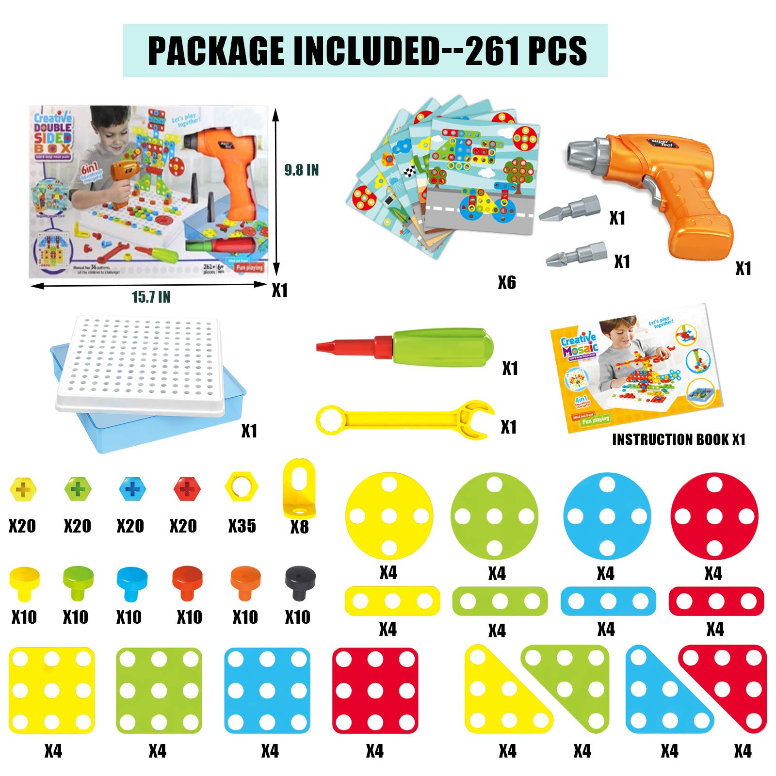 261 Pcs STEM Building Toys for Kids Ages 3-8 - 2 in 1 Educational Drill Puzzle & Button Art Set with Electric Toy Drill - Creative Learning Toys for Boys & Girls - Perfect for Classroom, Birthday Gifts & Family Bonding Activities