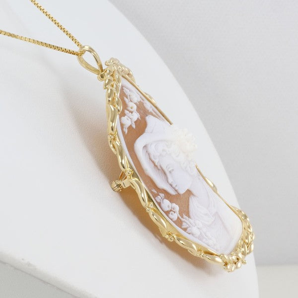 18K Yellow Gold Shell Cameo 2-Way Convertible Necklace & Brooch - Vintage Jewelry for Women, Elegant Gift for Mother's Day & Special Occasions